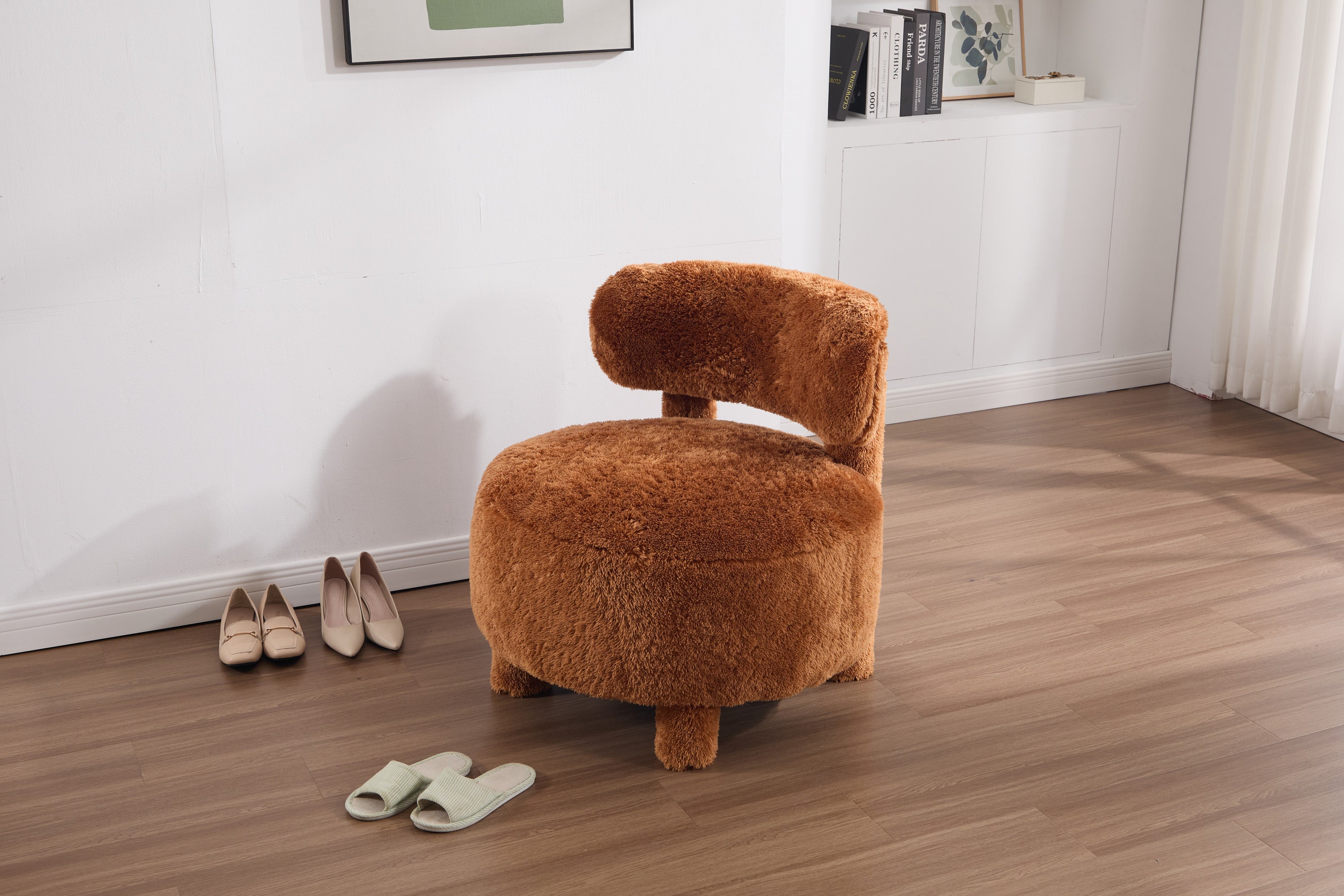 Fuzzy Armless Accent Chair with Curved Backrest and Solid Wooden Legs