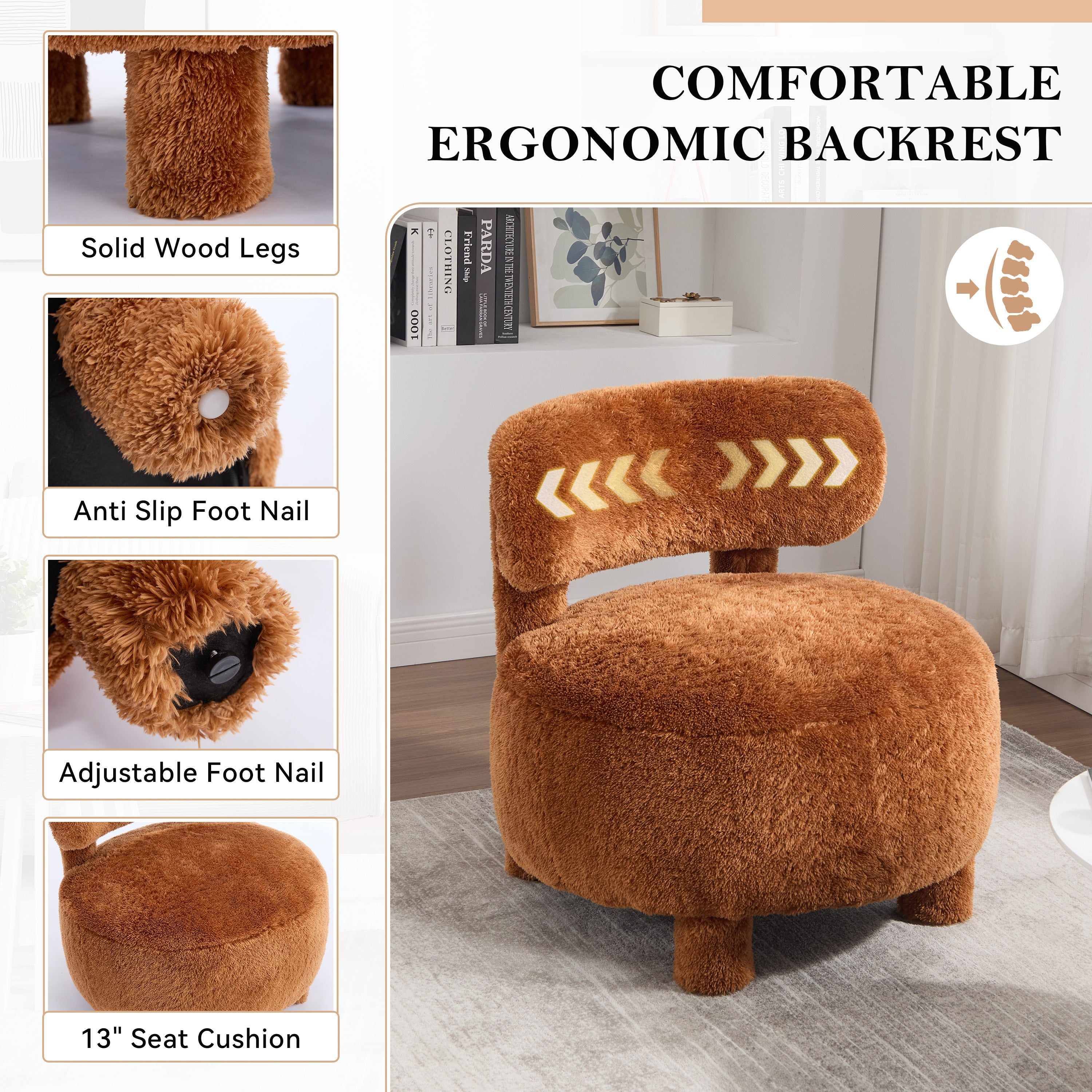 Fuzzy Armless Accent Chair with Curved Backrest and Solid Wooden Legs