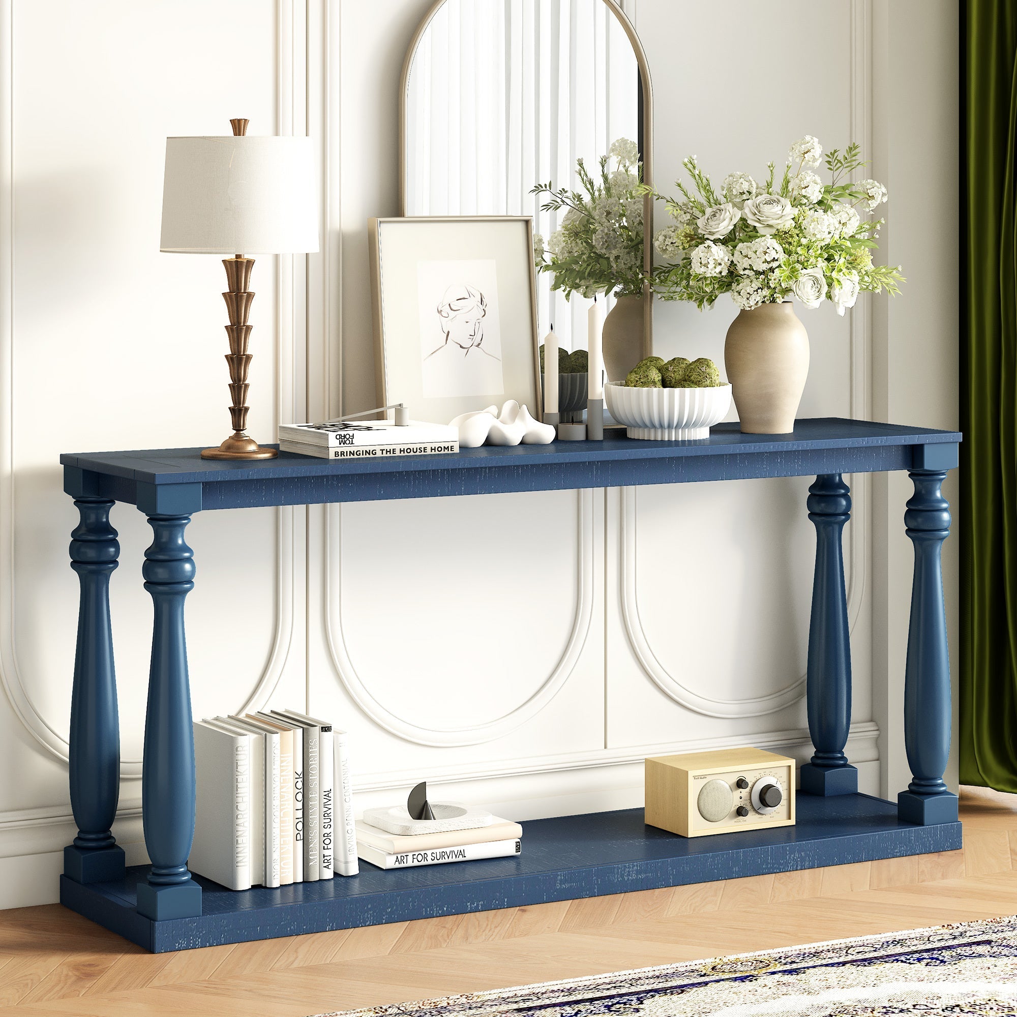 Farmhouse Turned-Leg Entryway Console Table with Bottom Shelf