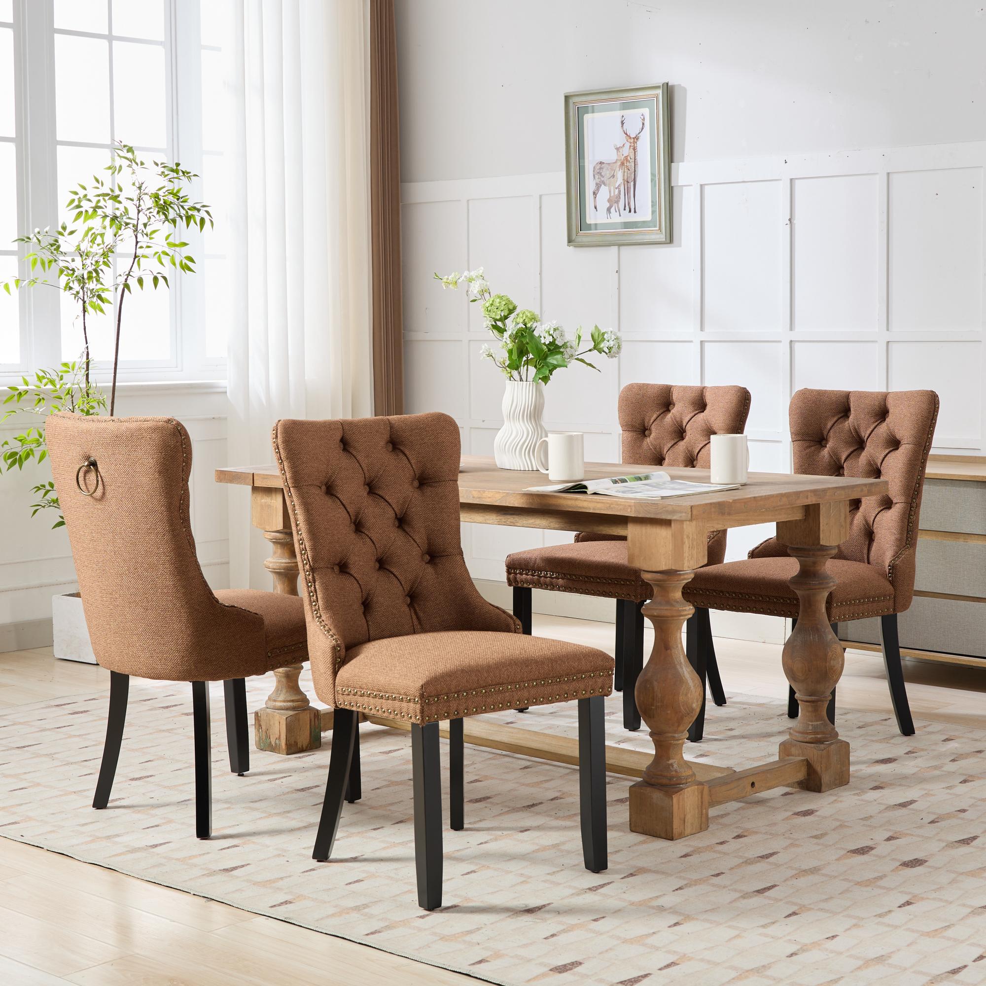 Rosewick Modern Tufted Linen Nailhead Trim Solid Wood Upholstered Dining Chair with Black Legs, Set of 2