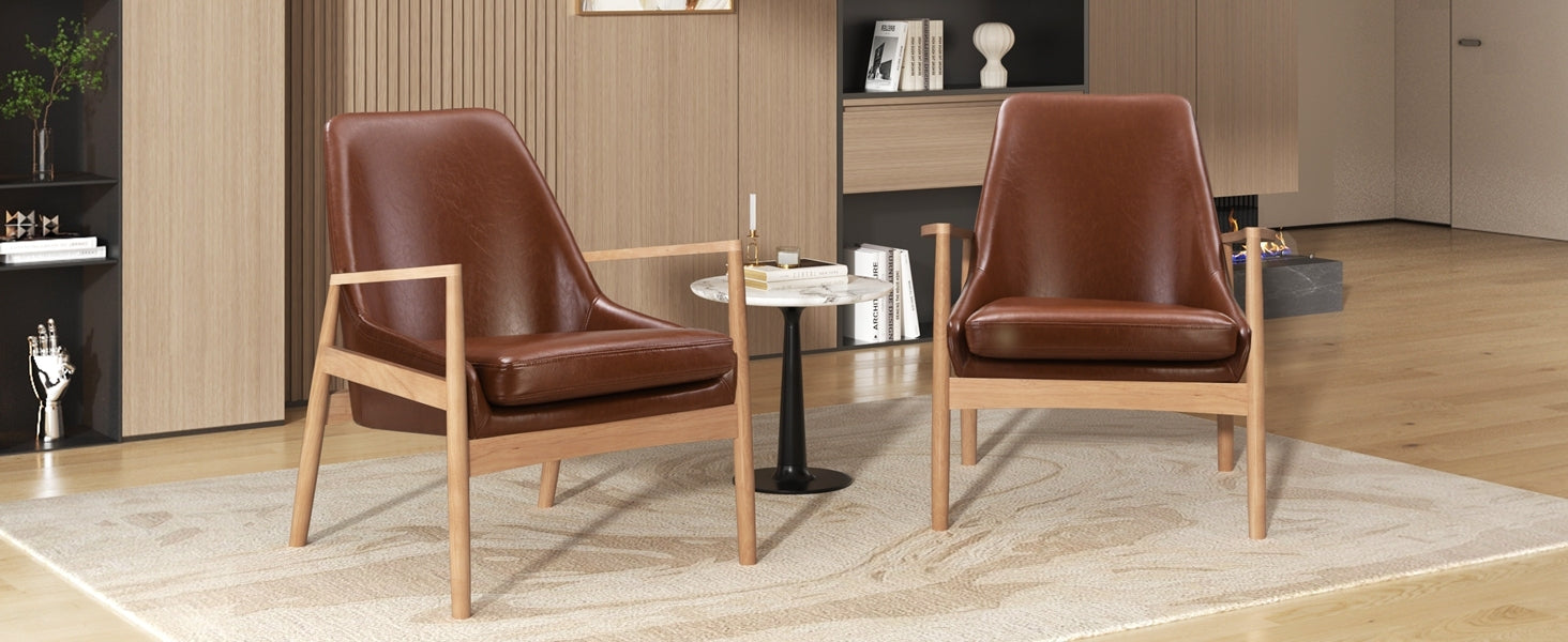 Brown Faux Leather Mid-Century Modern Armchair with Solid Wood Frame, Set of 2