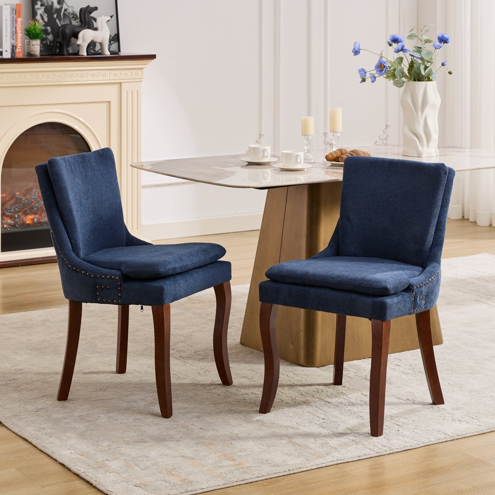 ChenilleUpholstered Dining Chairs with Curved Solid Wood Legs, Set of 2