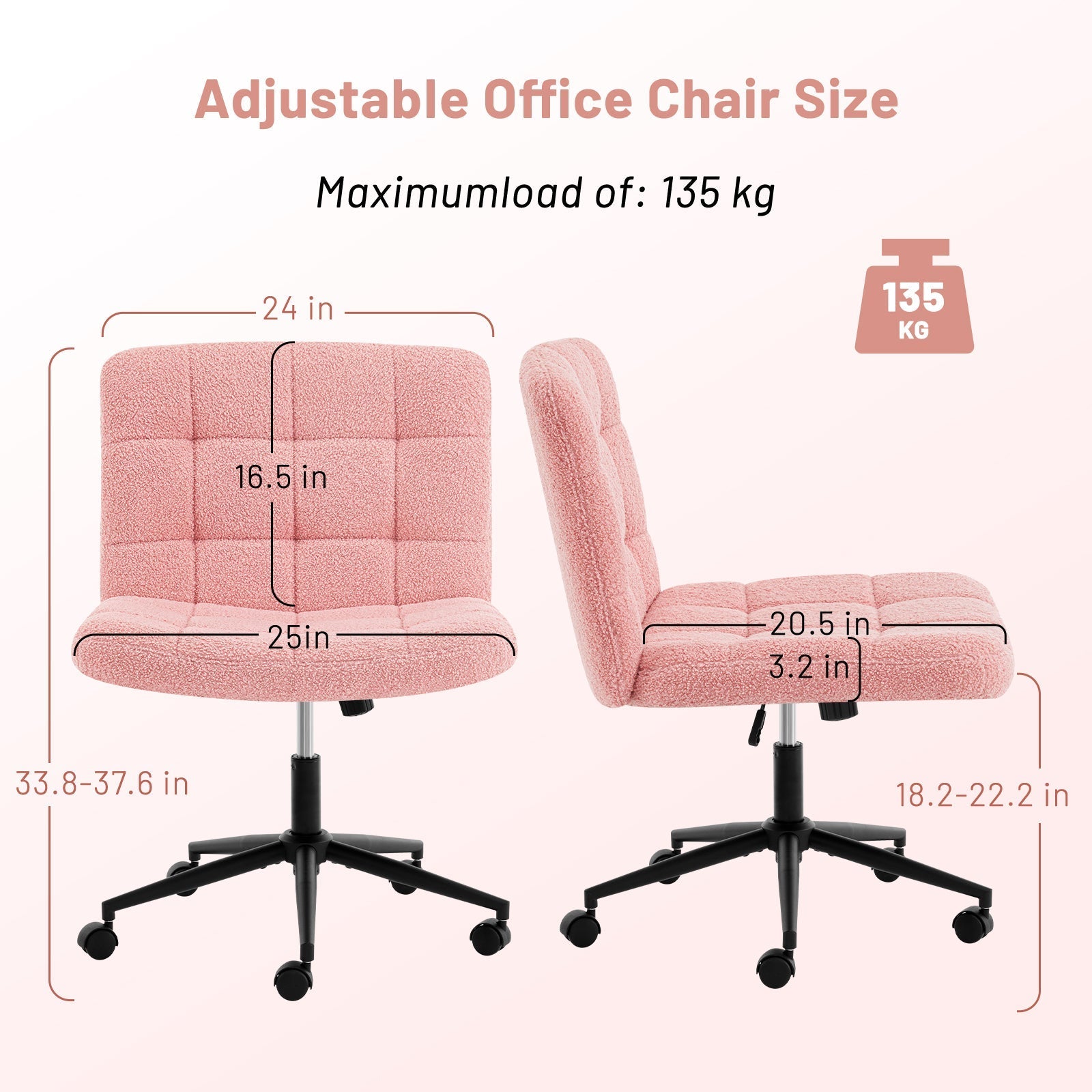 Desk Chair with Wheels, Armless Desk Chair, Adjustable Height 360° Rolling Swivel