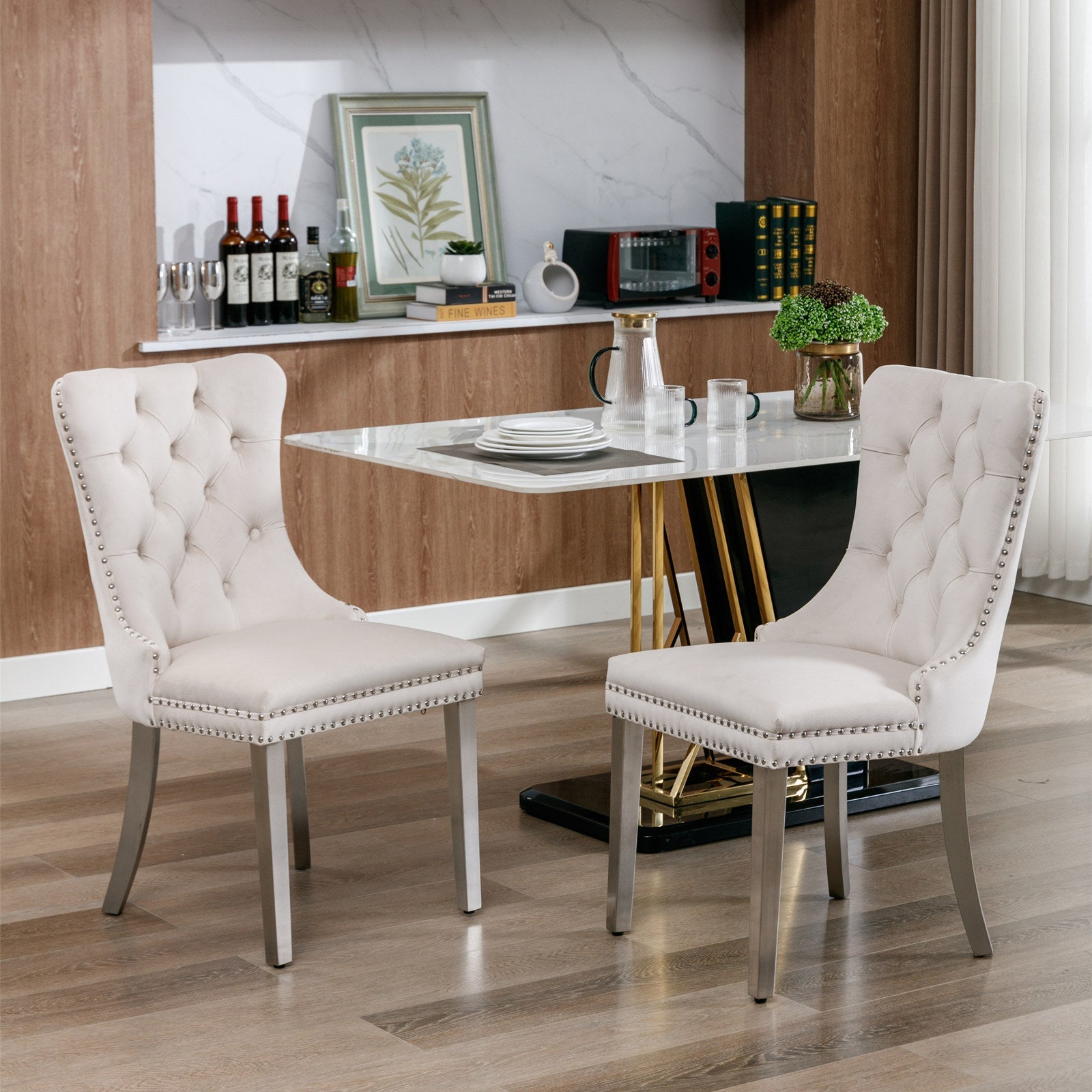 Rosewick Modern Tufted Velvet Nailhead Trim Solid Wood Upholstered Dining Chair with Chrome Stainless Steel Plating Legs, Set of 2