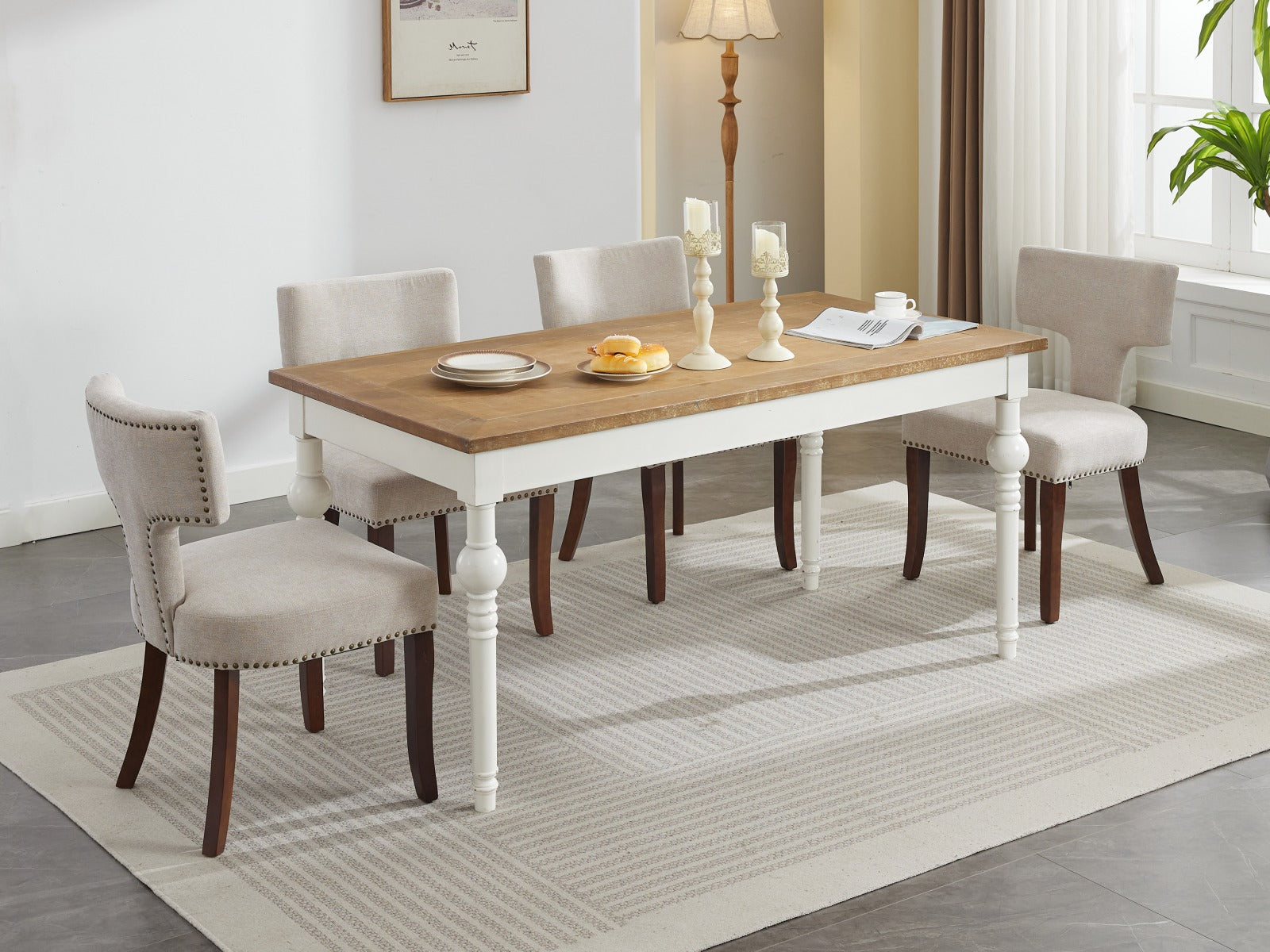 Mid Century Modern T-Back Dining Chairs with Nailhead Trim, Set of 2
