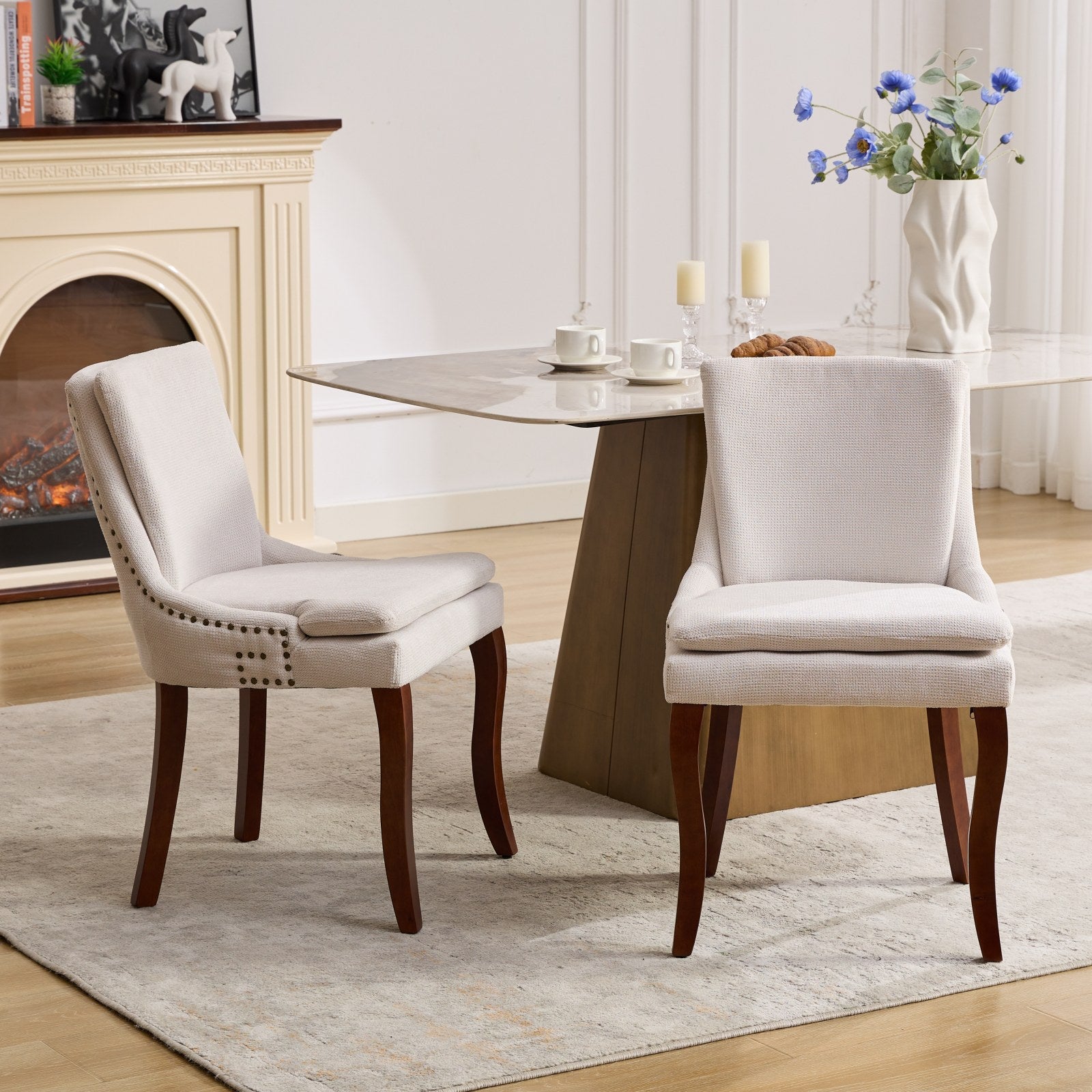 ChenilleUpholstered Dining Chairs with Curved Solid Wood Legs, Set of 2