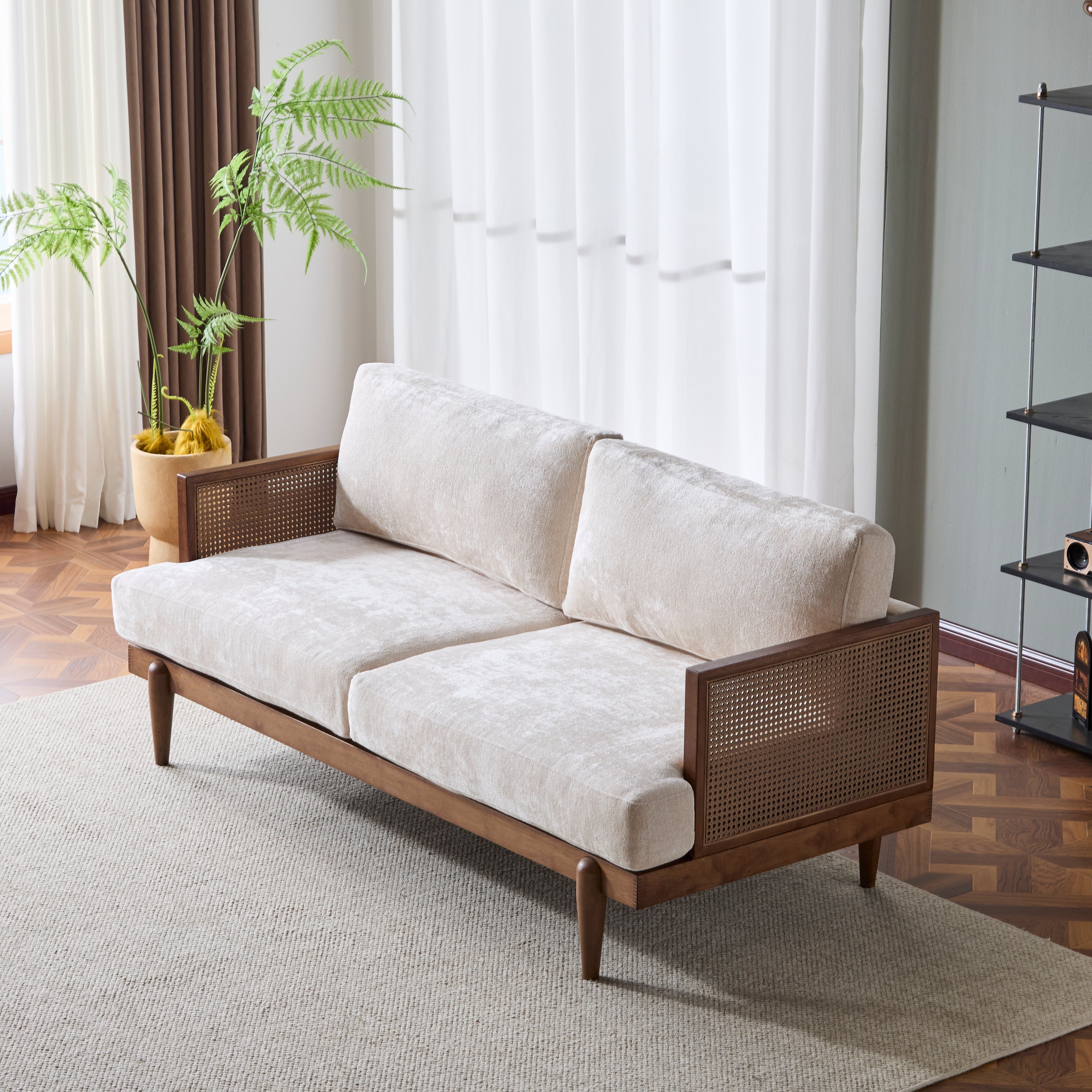 Square Arm 3-Seater Sofa with Cane Rattan and Wooden Frame