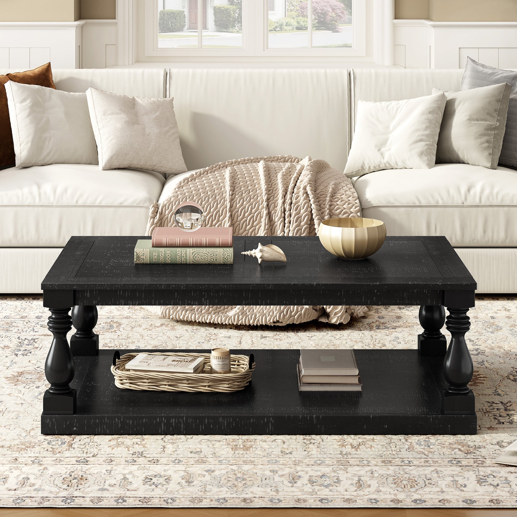 Farmhouse Turned-Leg Coffee Table with Bottom Shelf