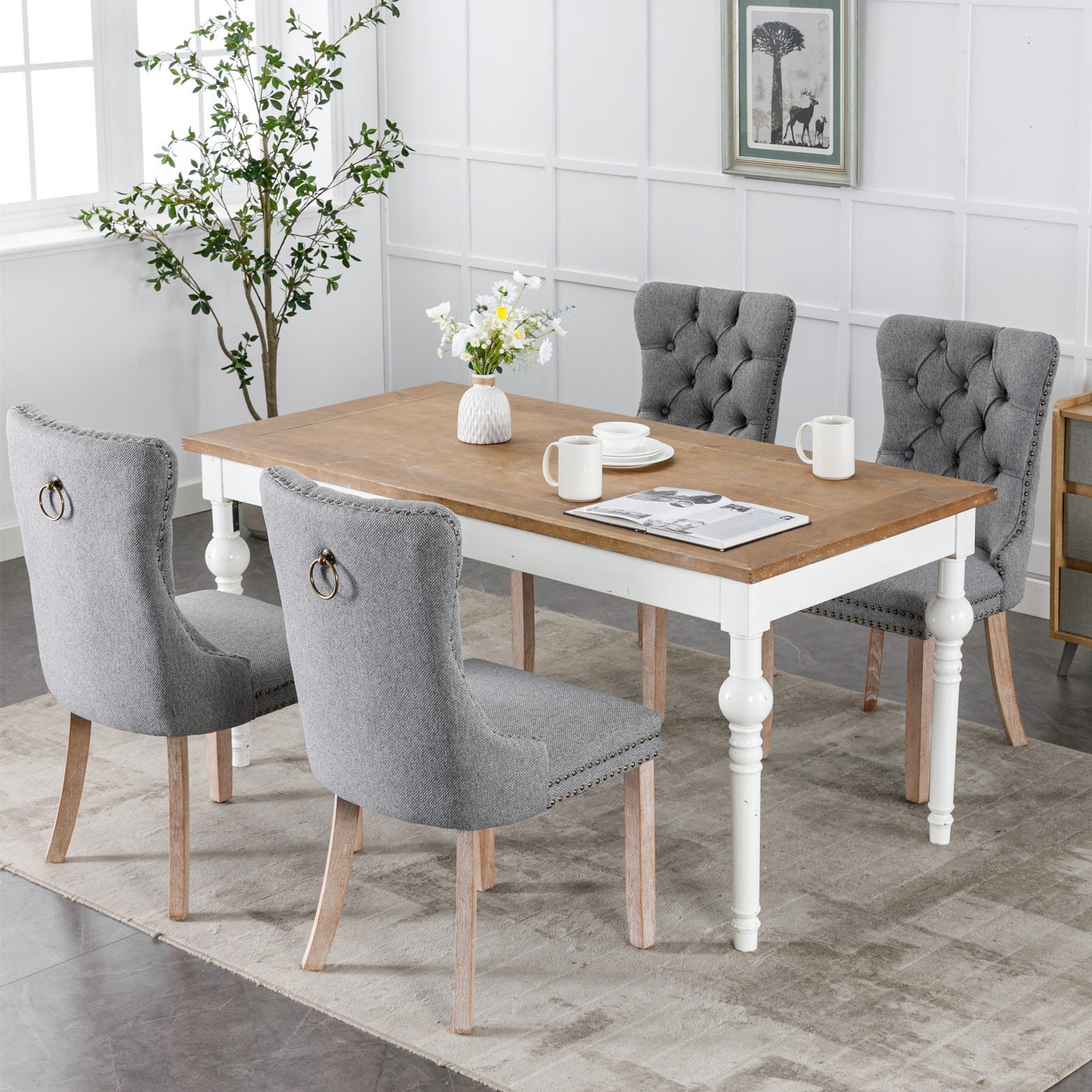 Rosewick Modern Tufted Linen Nailhead Trim Solid Wood Upholstered Dining Chair with Wood Legs, Set of 2