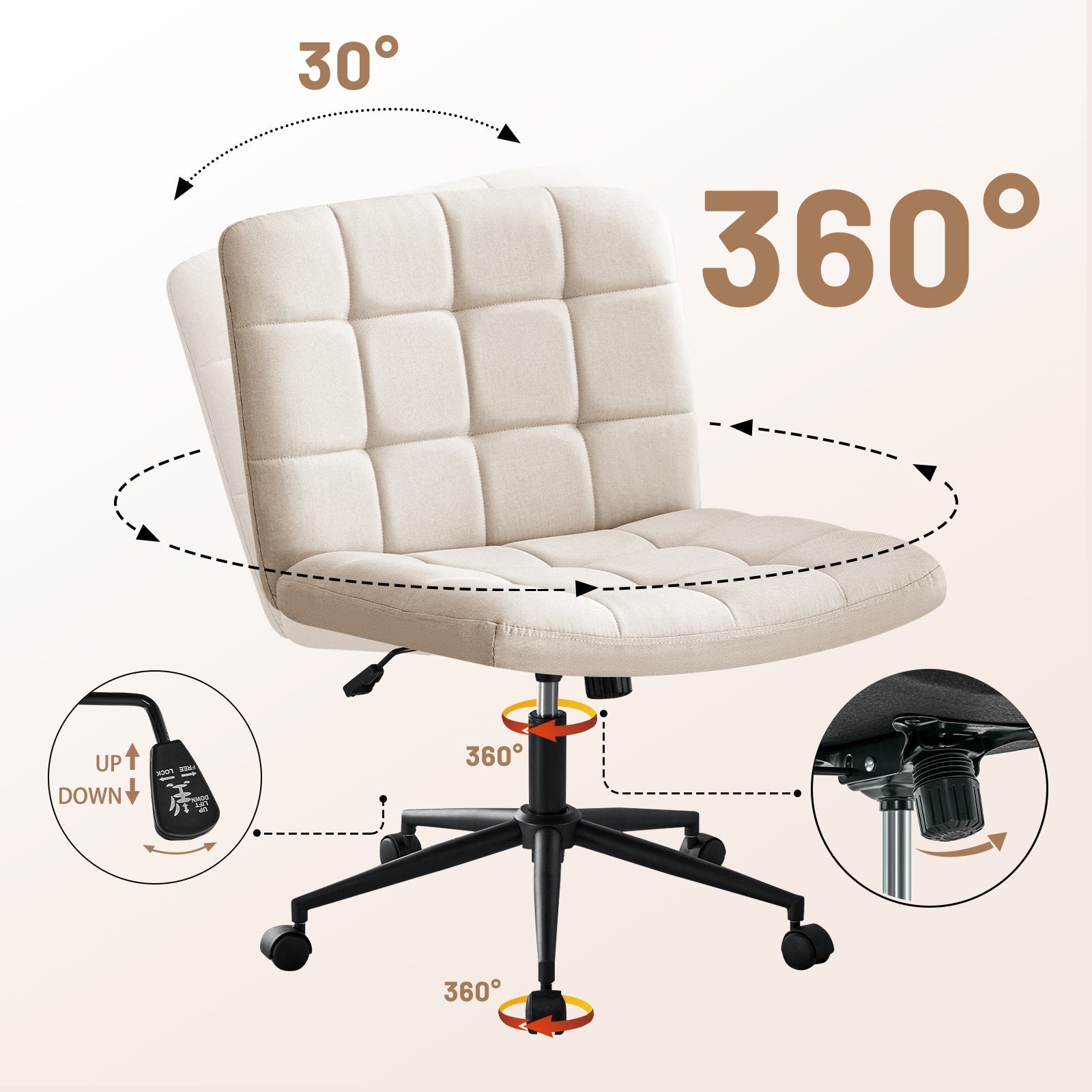 Desk Chair with Wheels, Armless Desk Chair, Adjustable Height 360° Rolling Swivel