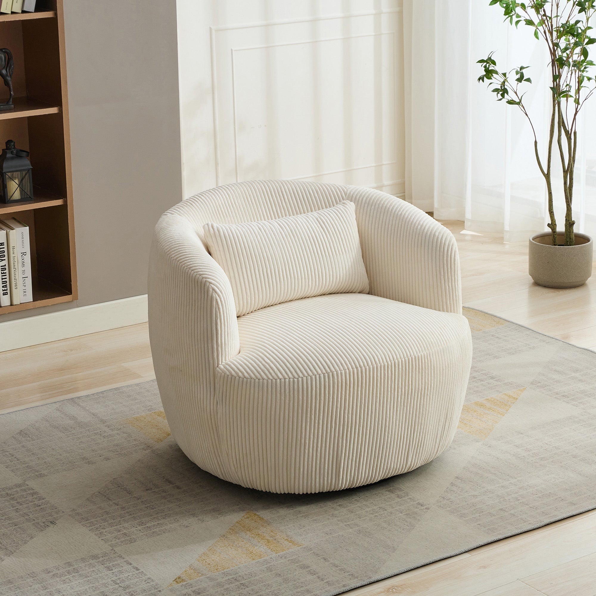 Wide Upholstered Corduroy 360° Swivel Barrel Soft Accent Chair with Pillow