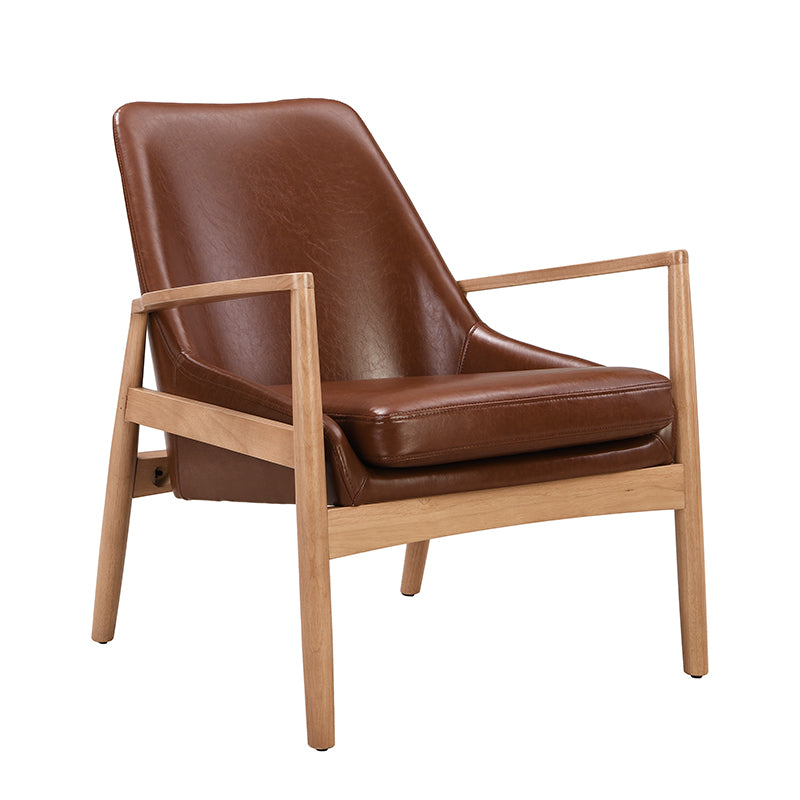 Brown Faux Leather Mid-Century Modern Armchair with Solid Wood Frame, Set of 2