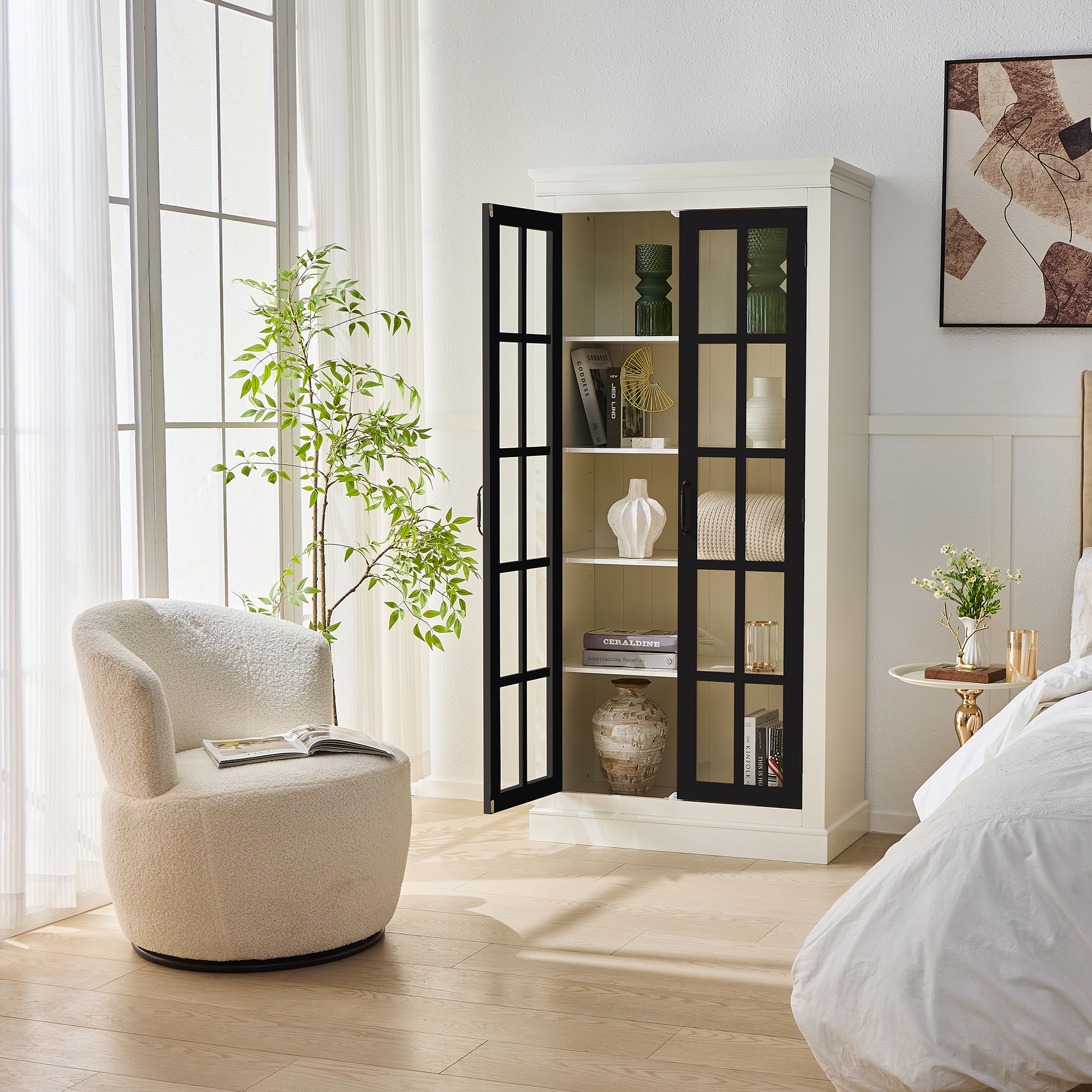 Rustic Style Display Cabinet with Glass Doors