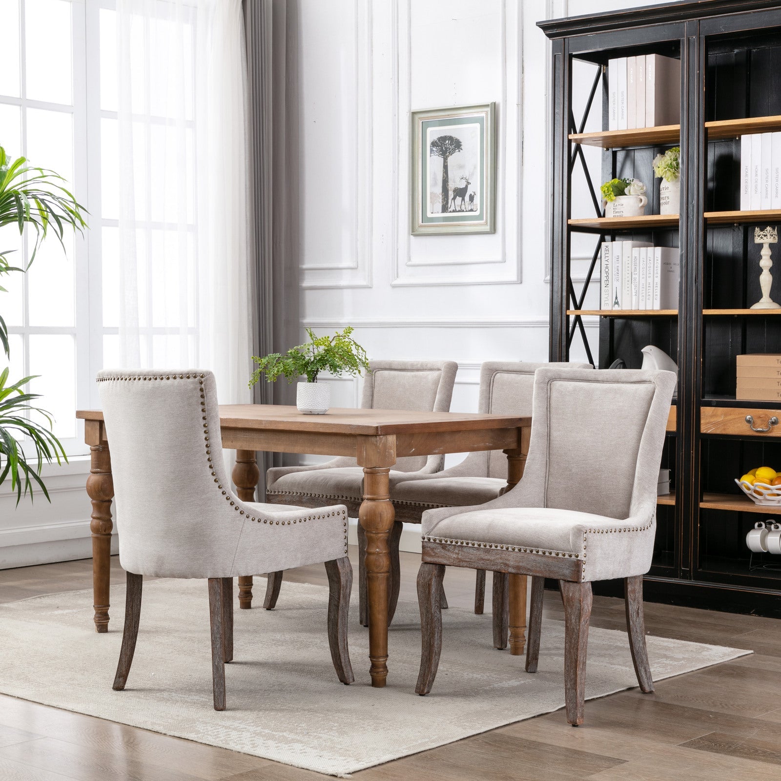 Square Back Upholstered Dining Chair with Bronze Nailhead Trim, Set of 2