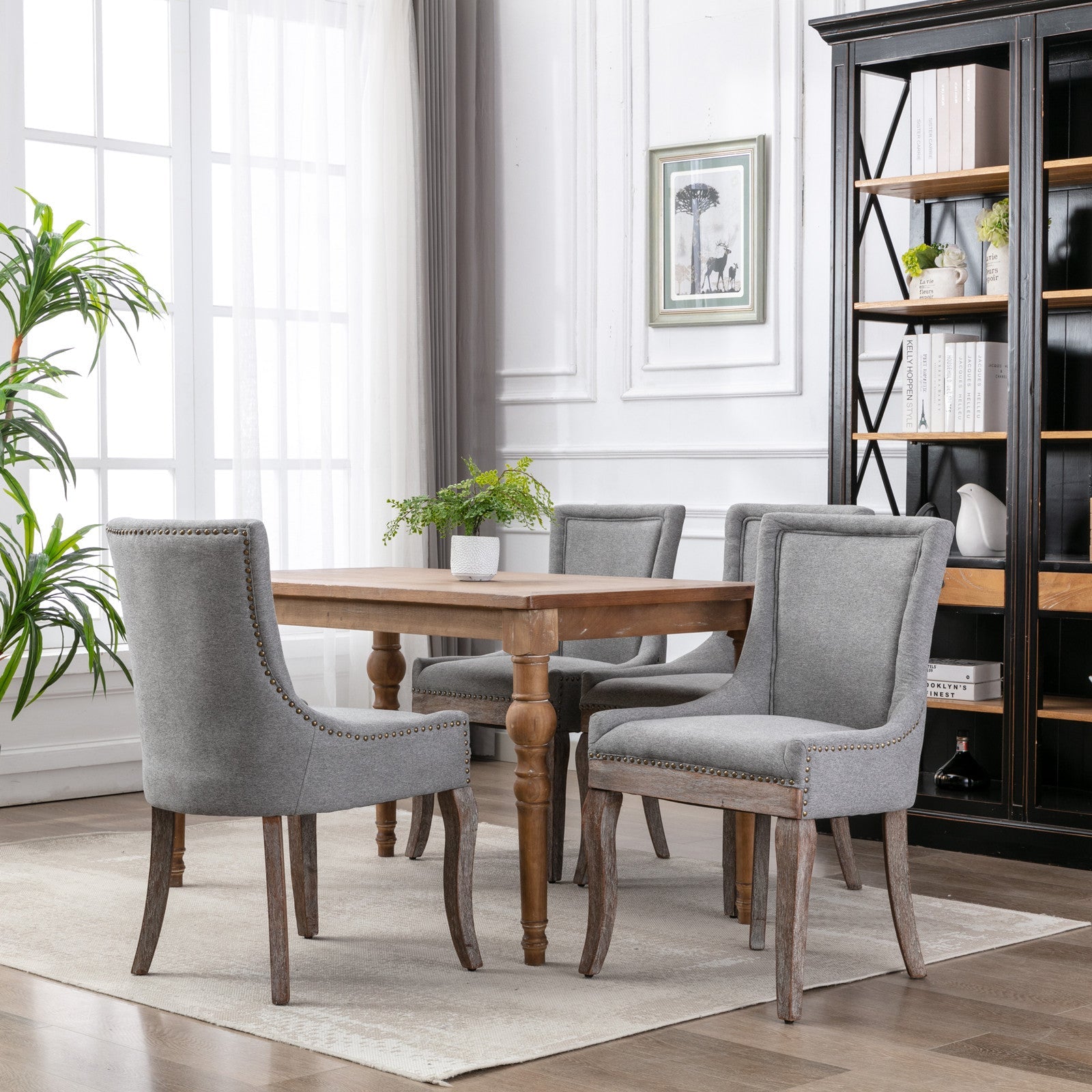 Square Back Upholstered Dining Chair with Bronze Nailhead Trim, Set of 2