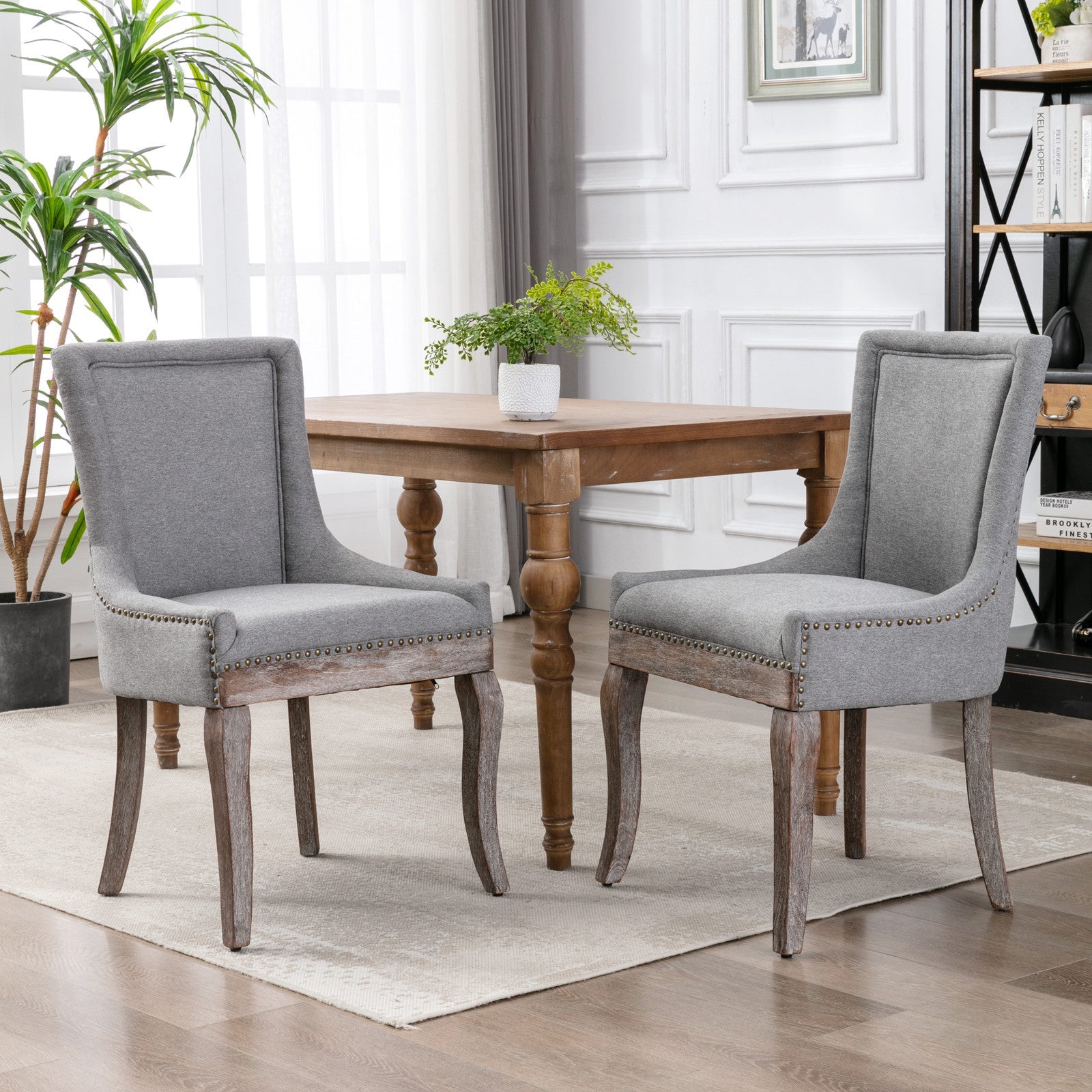 Square Back Upholstered Dining Chair with Bronze Nailhead Trim, Set of 2