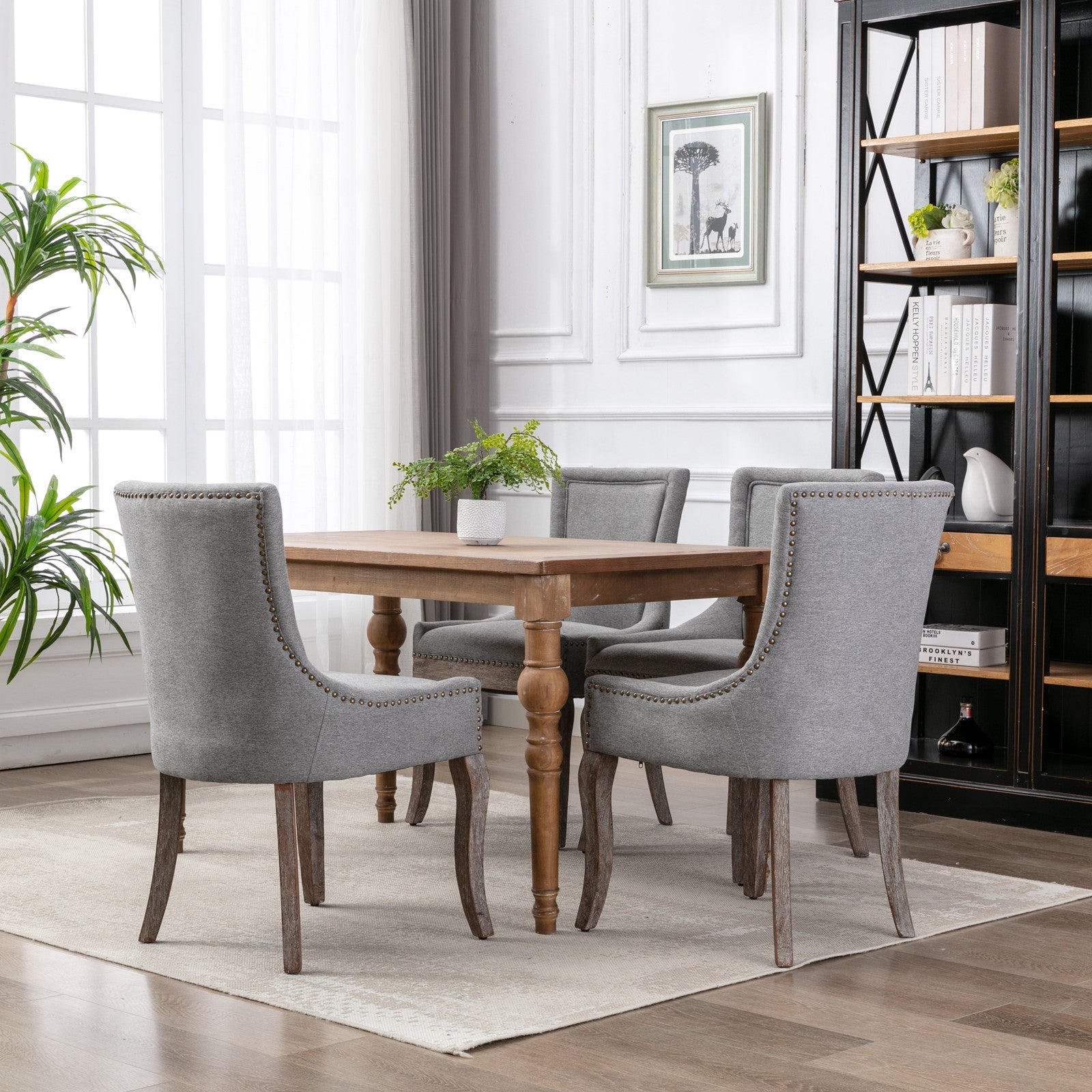 Square Back Upholstered Dining Chair with Bronze Nailhead Trim, Set of 2