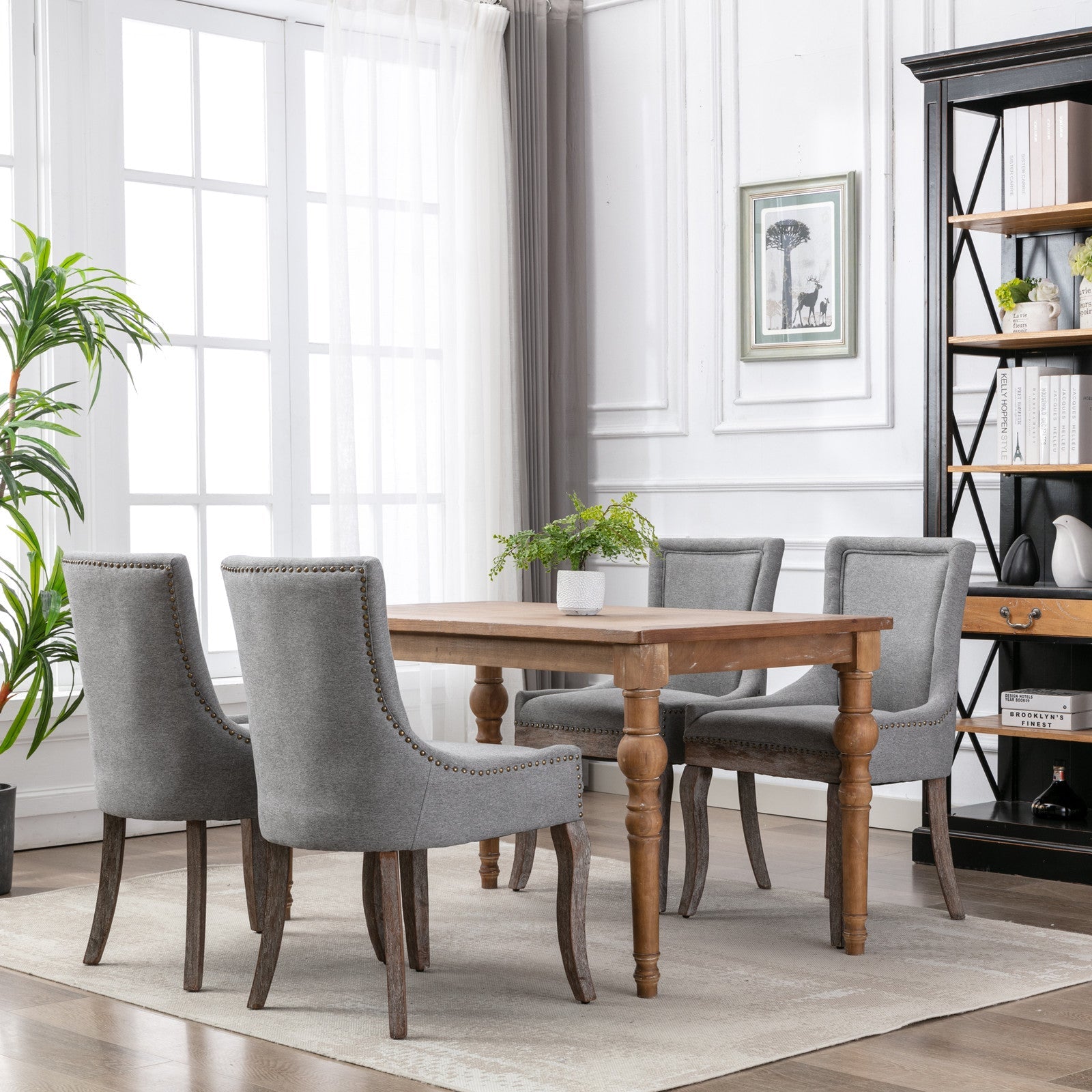 Square Back Upholstered Dining Chair with Bronze Nailhead Trim, Set of 2