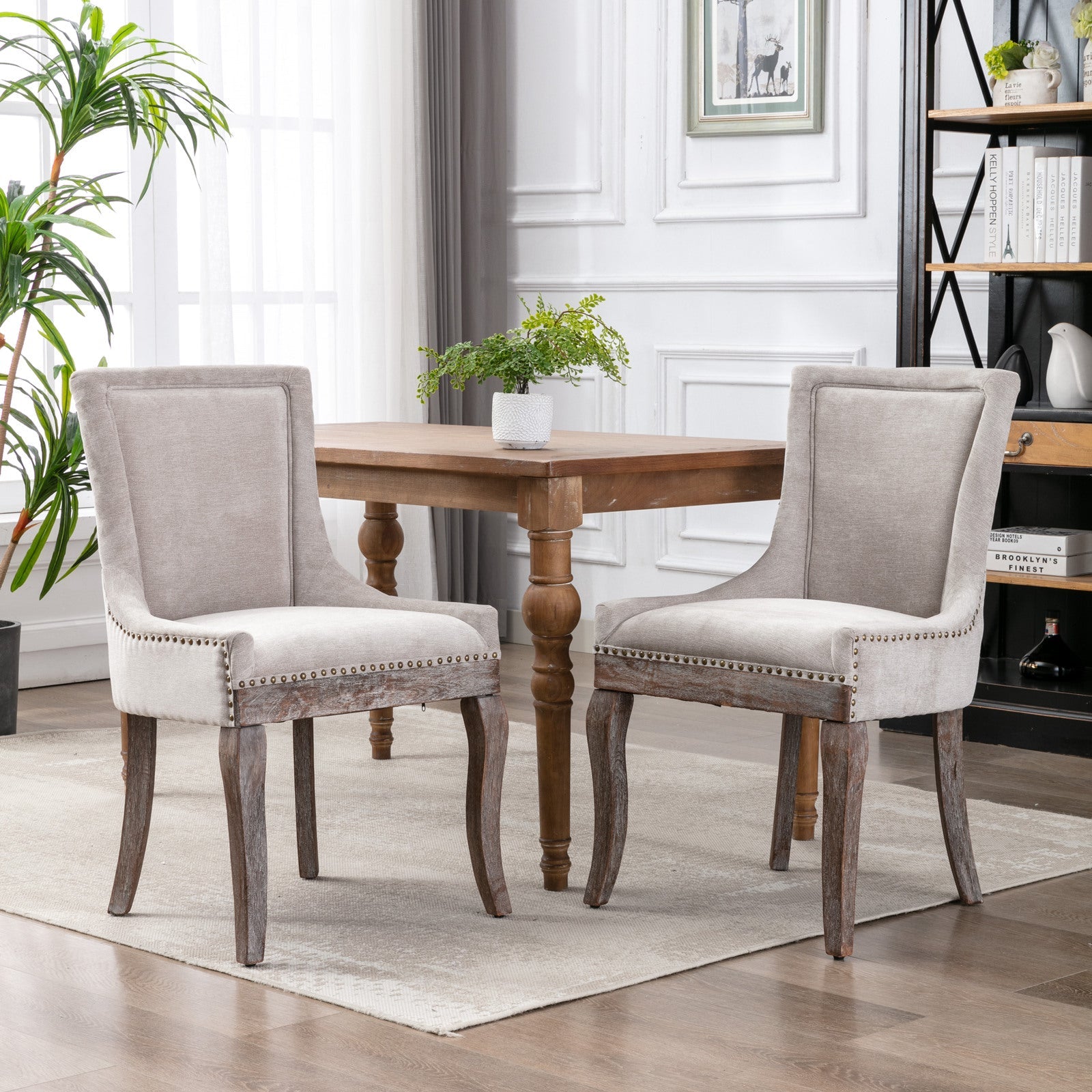 Square Back Upholstered Dining Chair with Bronze Nailhead Trim, Set of 2
