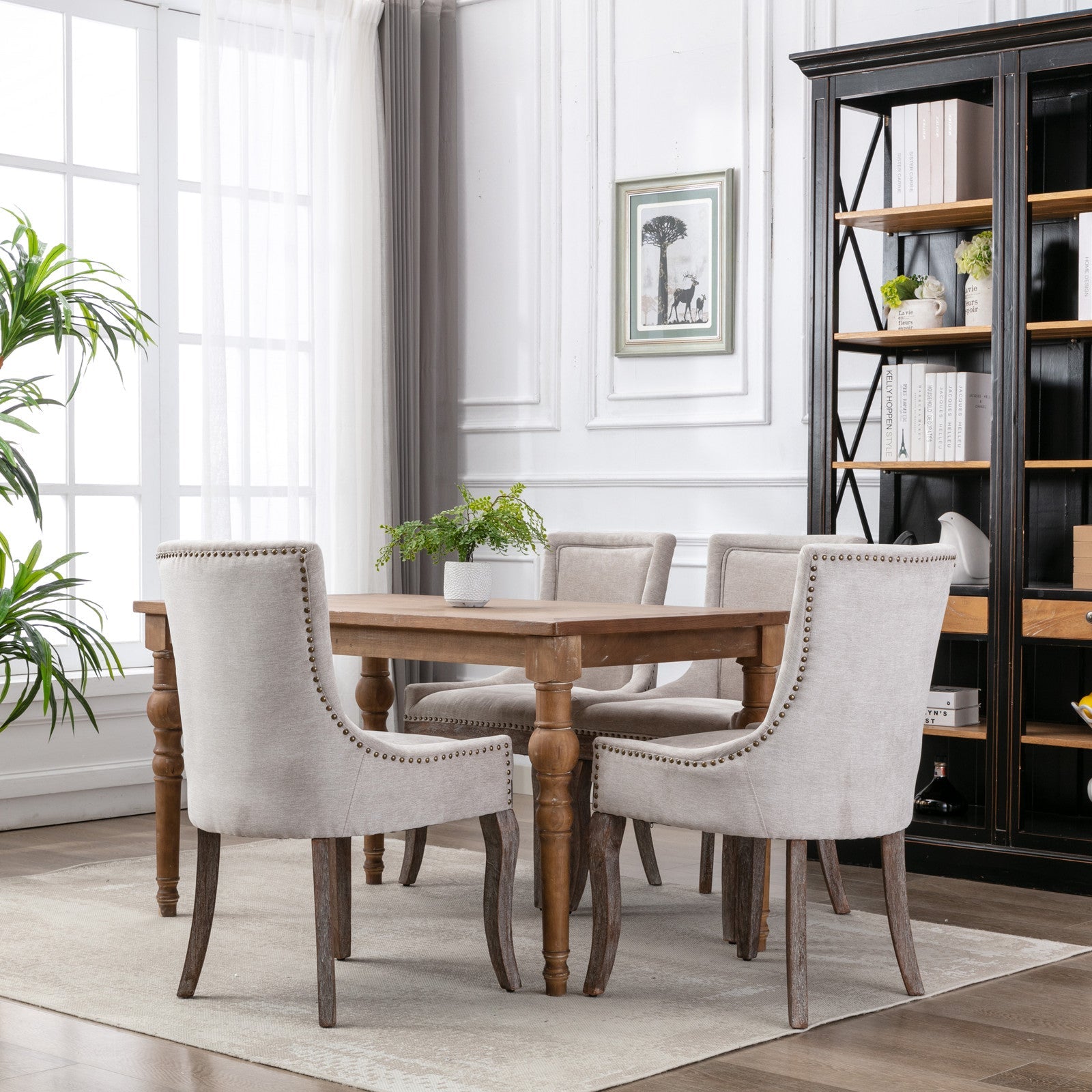 Square Back Upholstered Dining Chair with Bronze Nailhead Trim, Set of 2