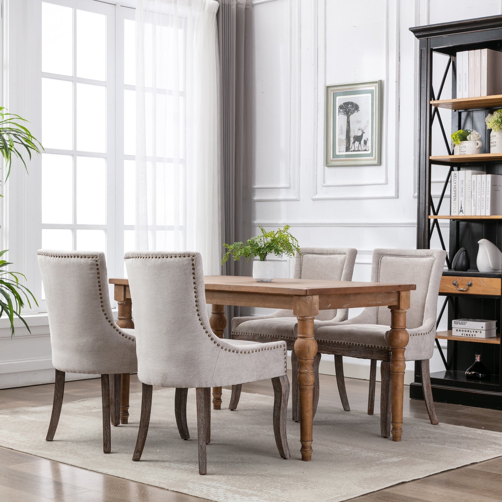 Square Back Upholstered Dining Chair with Bronze Nailhead Trim, Set of 2