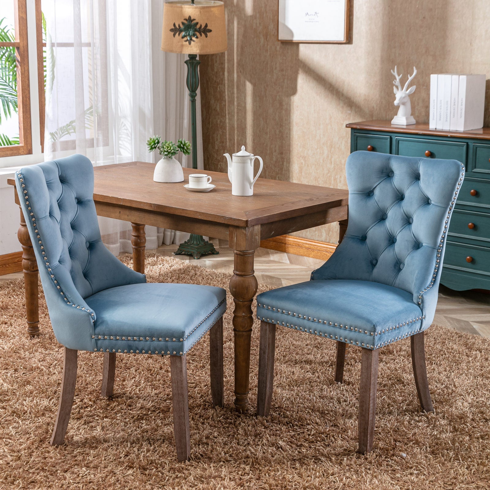 Rosewick Modern Tufted Velvet Nailhead Trim Solid Wood Upholstered Dining Chair with Wood Legs, Set of 2