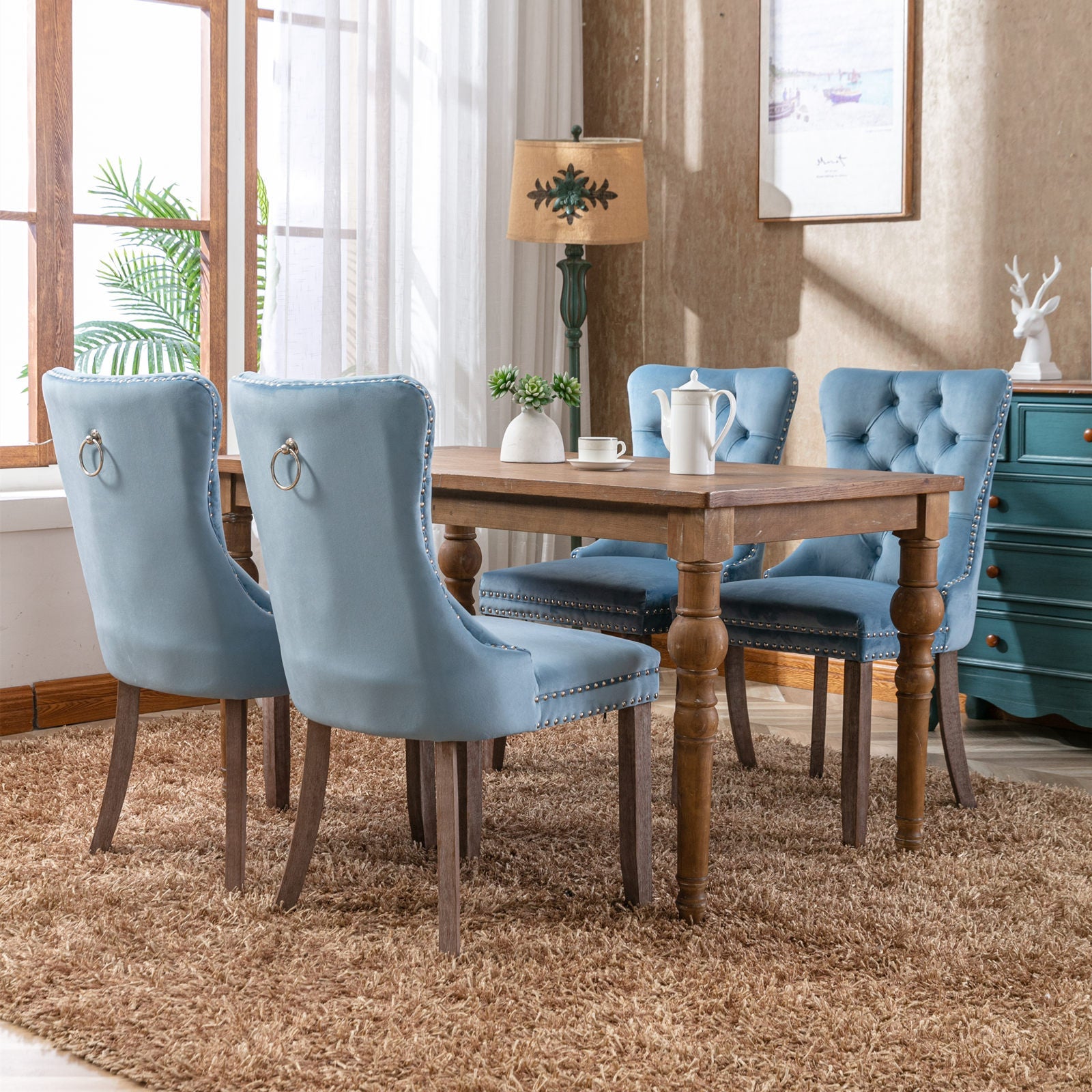 Rosewick Modern Tufted Velvet Nailhead Trim Solid Wood Upholstered Dining Chair with Wood Legs, Set of 2