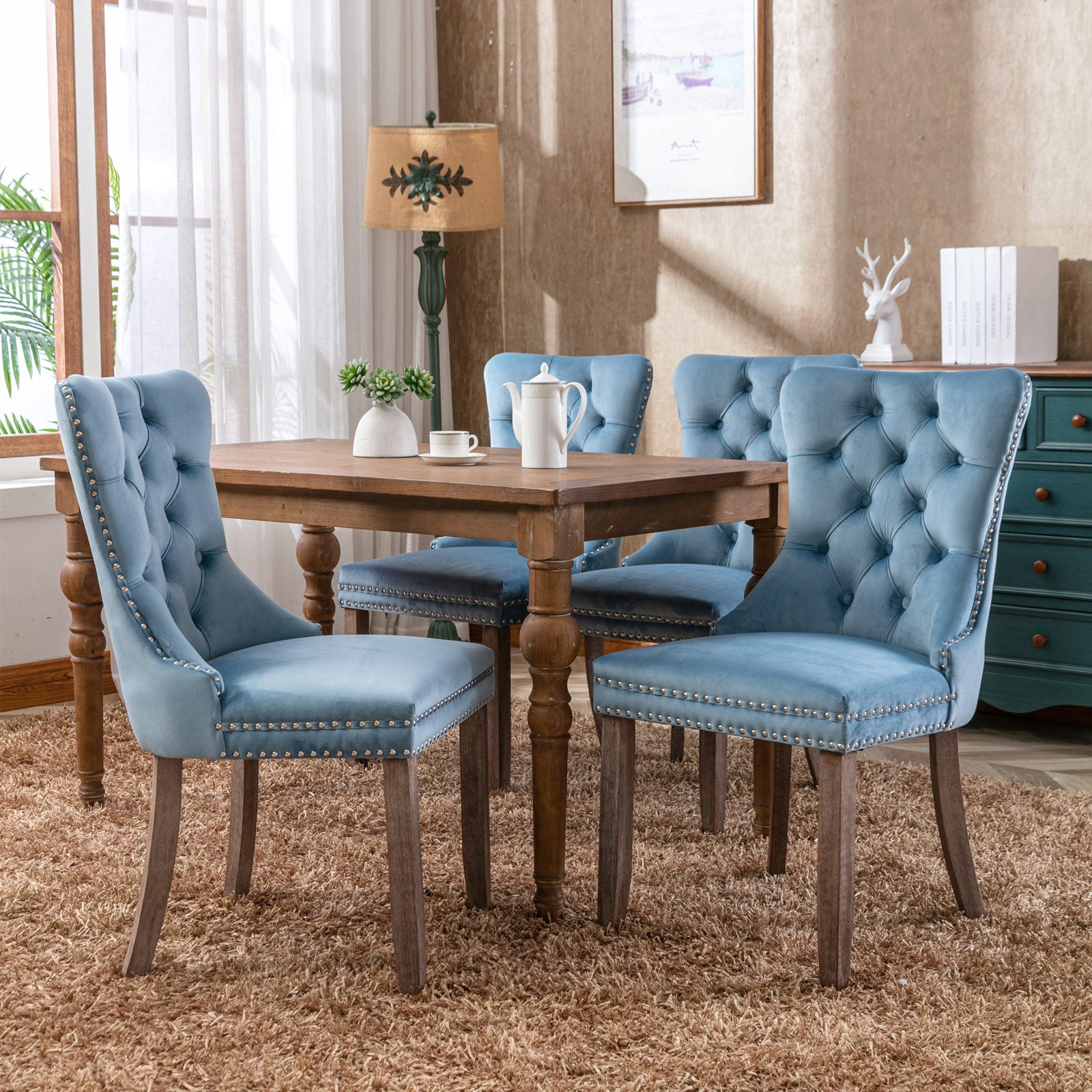 Rosewick Modern Tufted Velvet Nailhead Trim Solid Wood Upholstered Dining Chair with Wood Legs, Set of 2