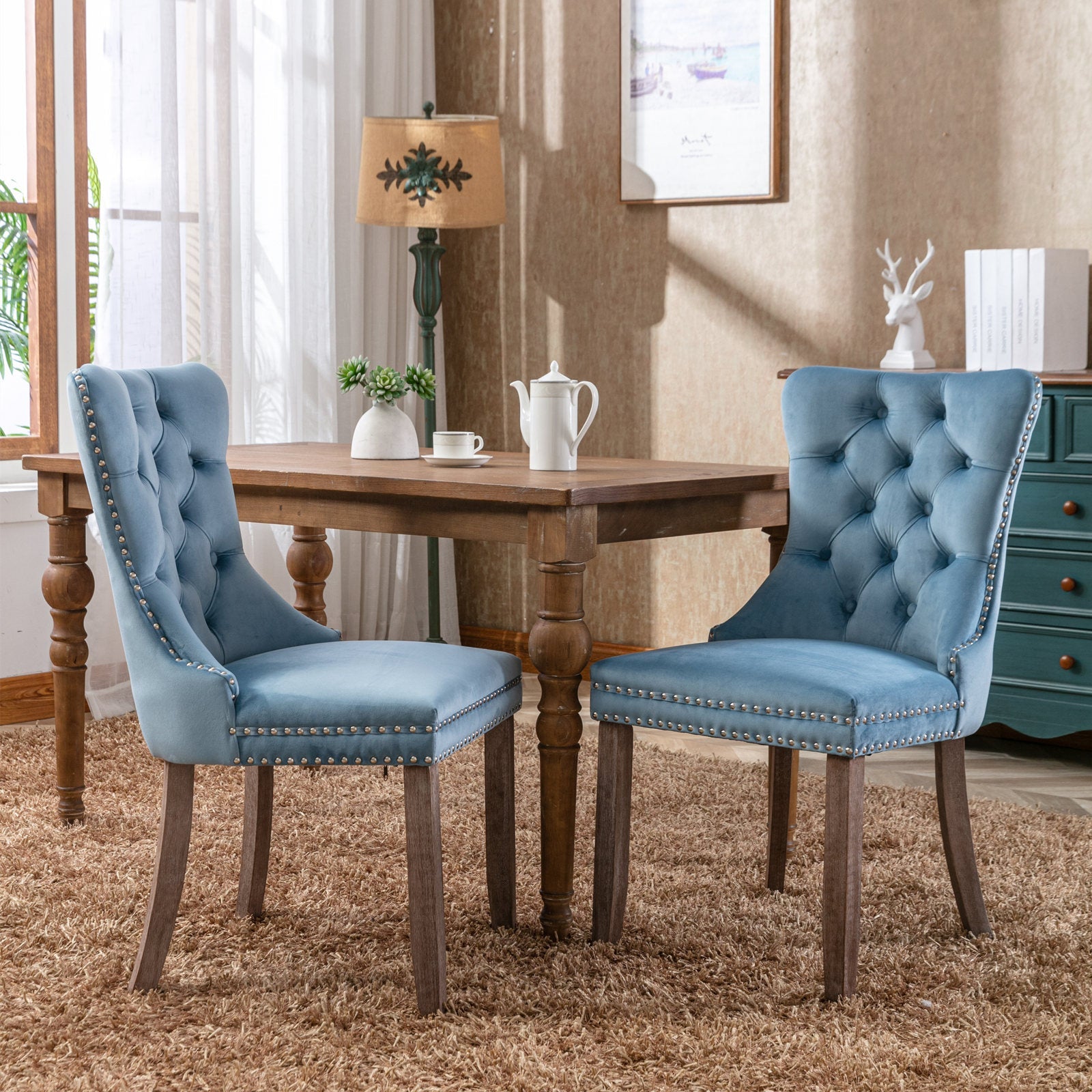 Rosewick Modern Tufted Velvet Nailhead Trim Solid Wood Upholstered Dining Chair with Wood Legs, Set of 2