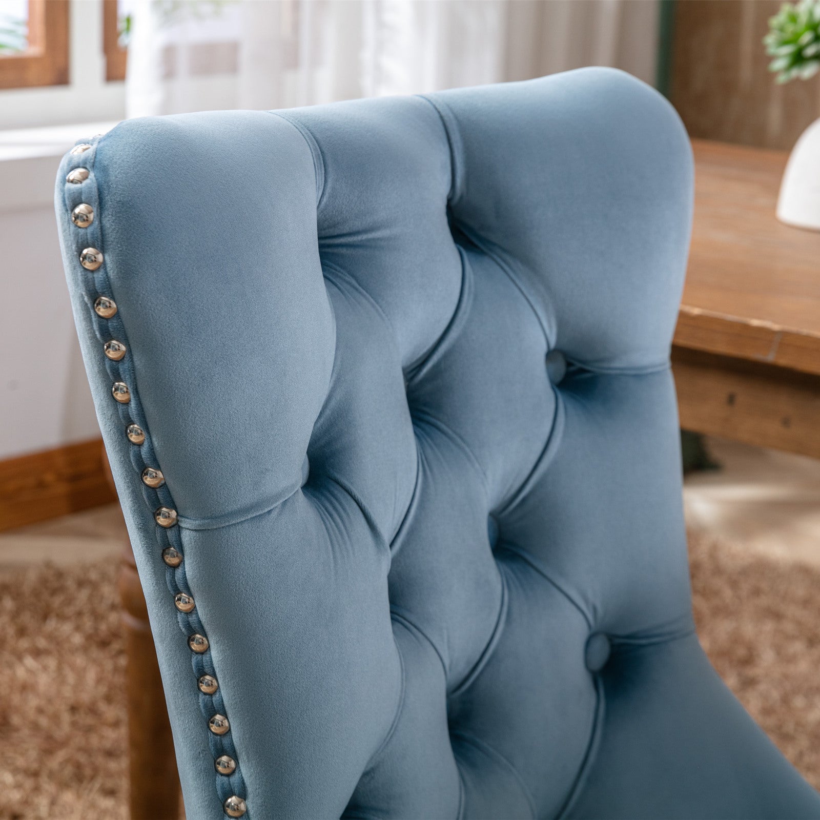 Rosewick Modern Tufted Velvet Nailhead Trim Solid Wood Upholstered Dining Chair with Wood Legs, Set of 2