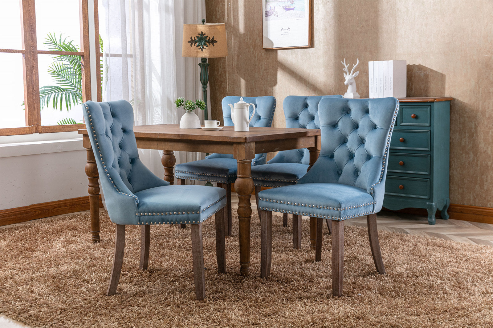 Rosewick Modern Tufted Velvet Nailhead Trim Solid Wood Upholstered Dining Chair with Wood Legs, Set of 2