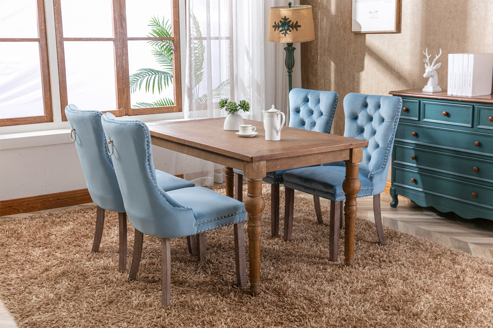 Rosewick Modern Tufted Velvet Nailhead Trim Solid Wood Upholstered Dining Chair with Wood Legs, Set of 2