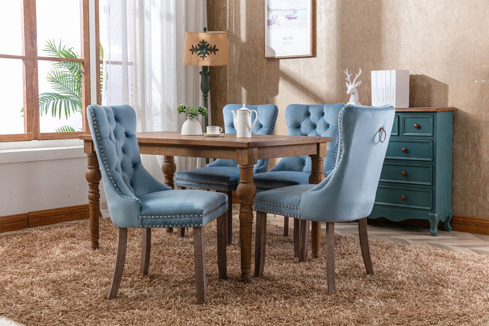 Rosewick Modern Tufted Velvet Nailhead Trim Solid Wood Upholstered Dining Chair with Wood Legs, Set of 2