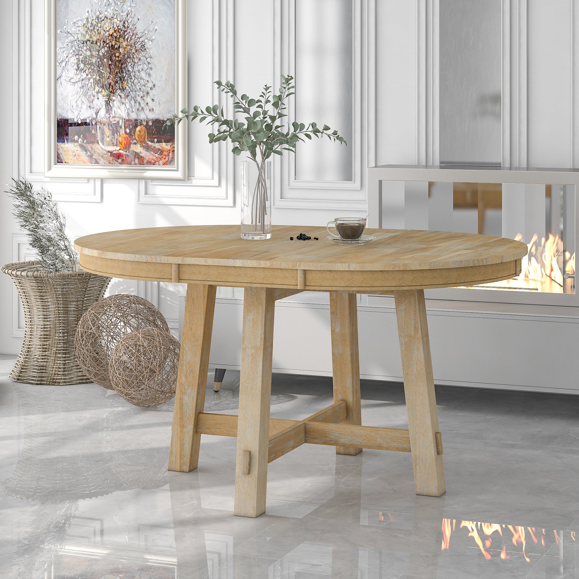 Farmhouse Round Extendable Dining Table with 16 Leaf