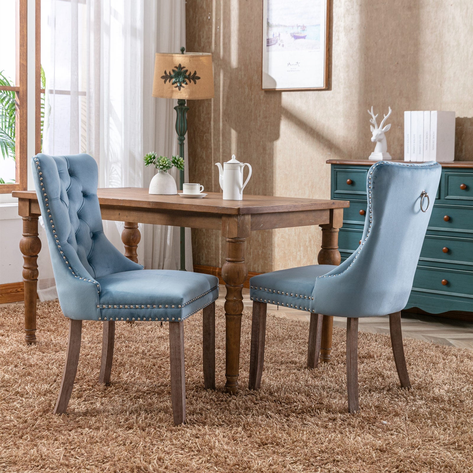 Rosewick Modern Tufted Velvet Nailhead Trim Solid Wood Upholstered Dining Chair with Wood Legs, Set of 2