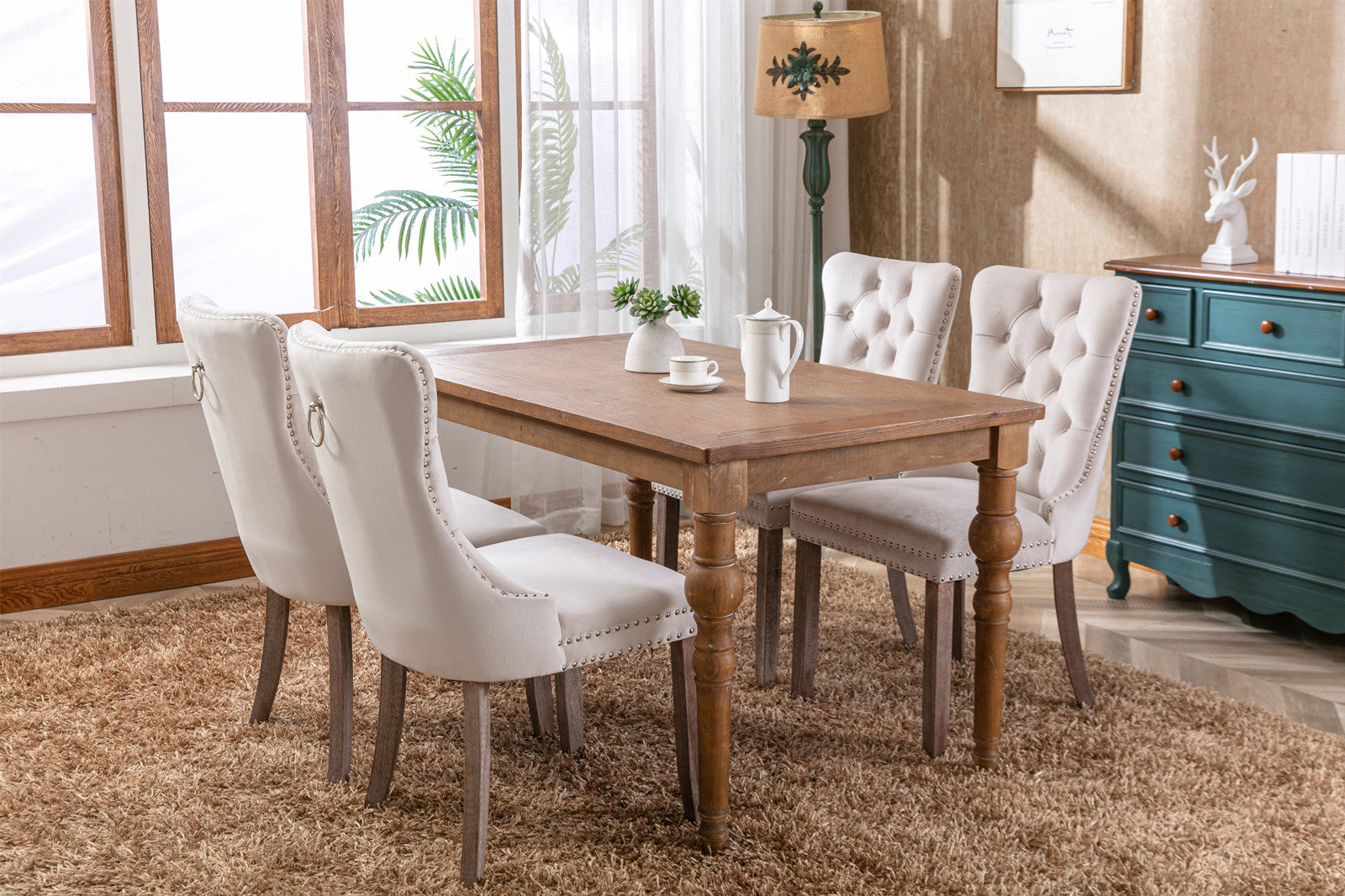 Rosewick Modern Tufted Velvet Nailhead Trim Solid Wood Upholstered Dining Chair with Wood Legs, Set of 2