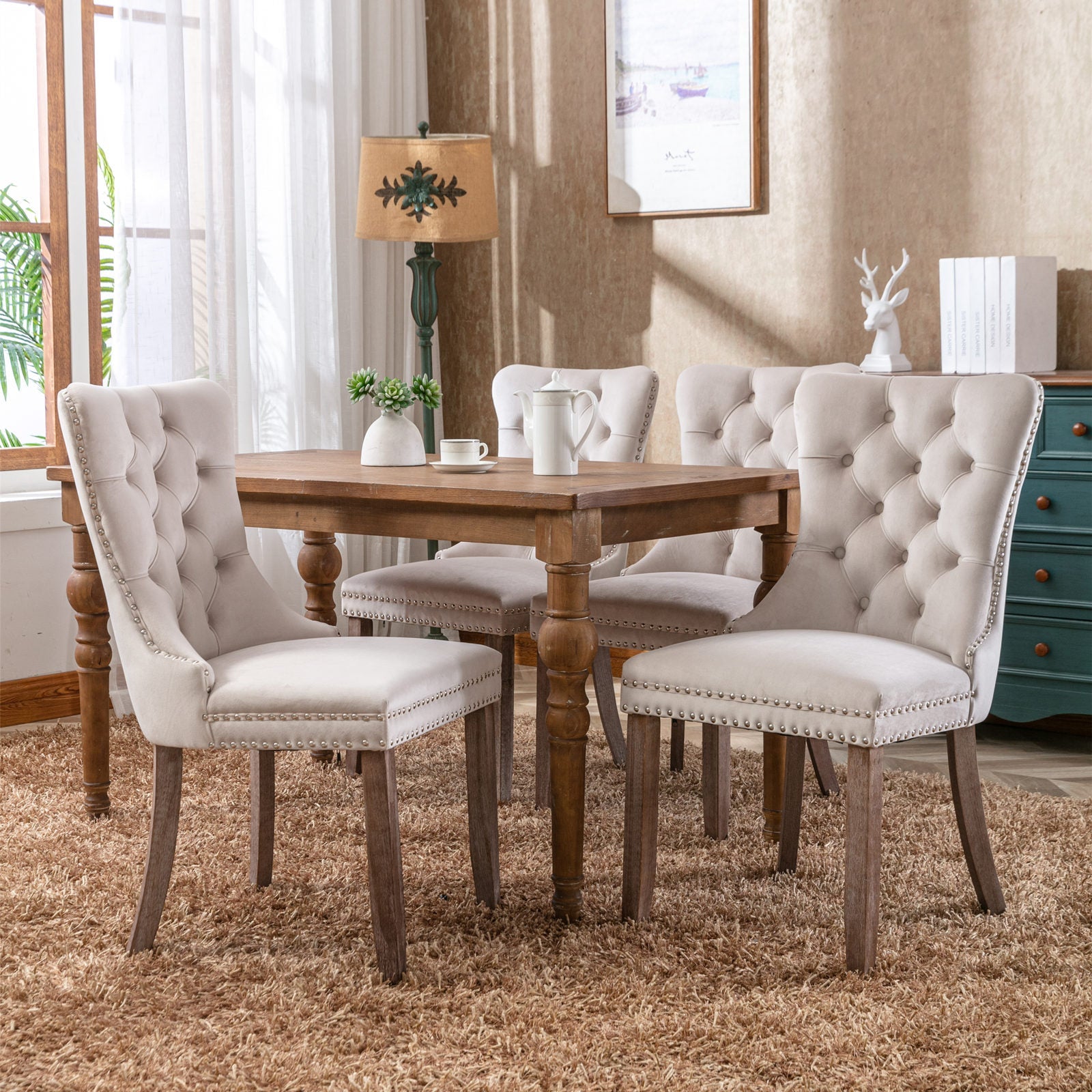 Rosewick Modern Tufted Velvet Nailhead Trim Solid Wood Upholstered Dining Chair with Wood Legs, Set of 2