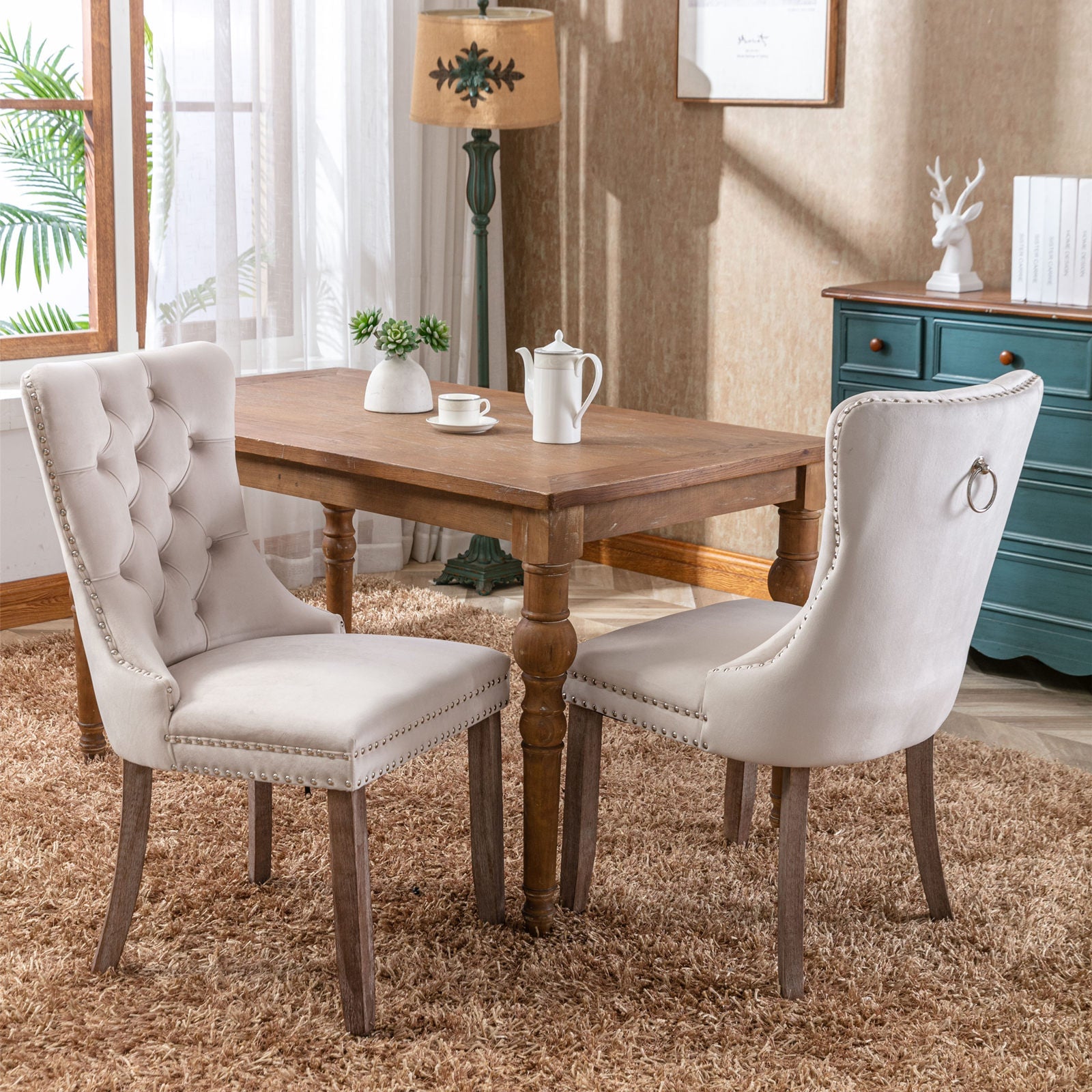 Rosewick Modern Tufted Velvet Nailhead Trim Solid Wood Upholstered Dining Chair with Wood Legs, Set of 2