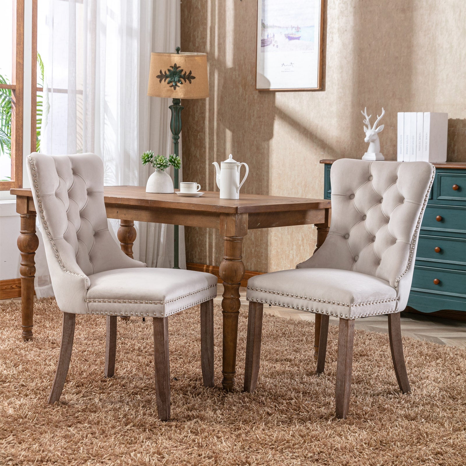 Rosewick Modern Tufted Velvet Nailhead Trim Solid Wood Upholstered Dining Chair with Wood Legs, Set of 2