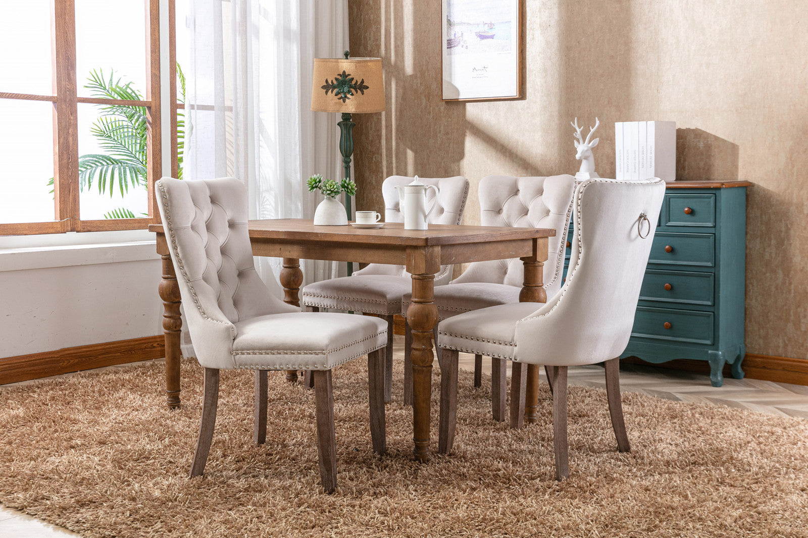 Rosewick Modern Tufted Velvet Nailhead Trim Solid Wood Upholstered Dining Chair with Wood Legs, Set of 2