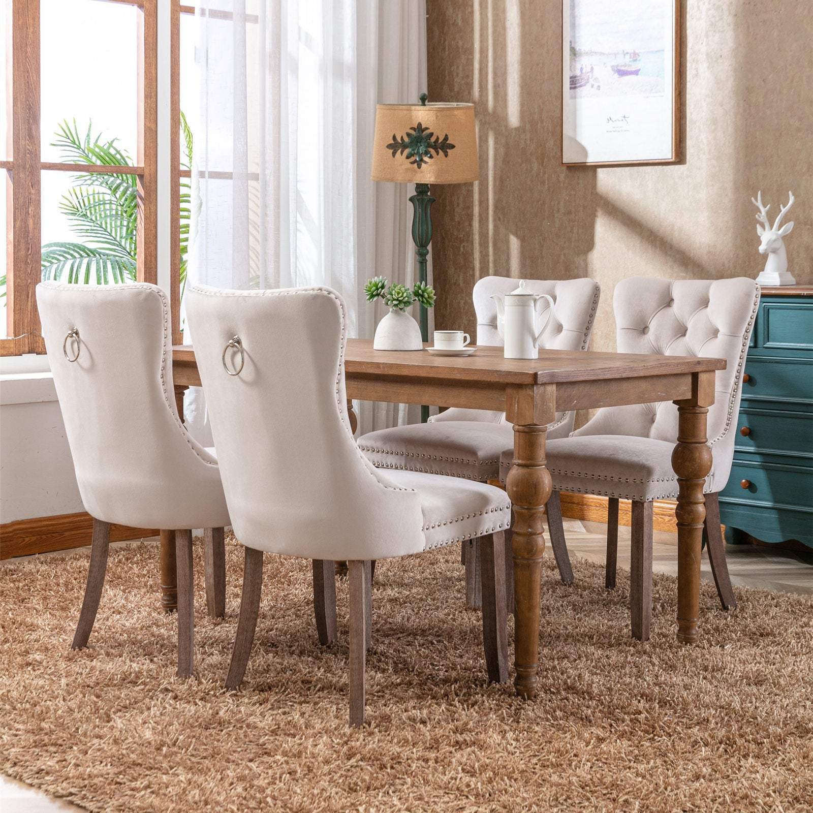 Rosewick Modern Tufted Velvet Nailhead Trim Solid Wood Upholstered Dining Chair with Wood Legs, Set of 2