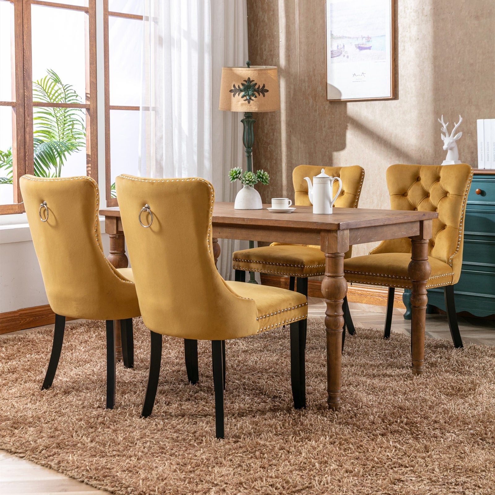 Rosewick Modern Tufted Velvet Nailhead Trim Solid Wood Upholstered Dining Chair with Wood Legs, Set of 2