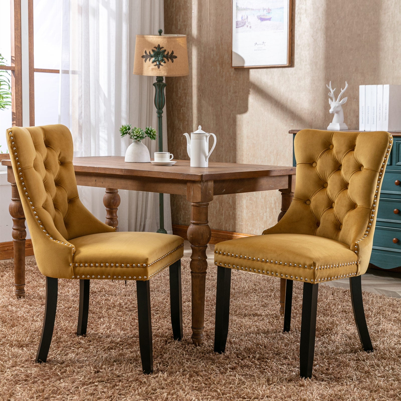 Rosewick Modern Tufted Velvet Nailhead Trim Solid Wood Upholstered Dining Chair with Wood Legs, Set of 2