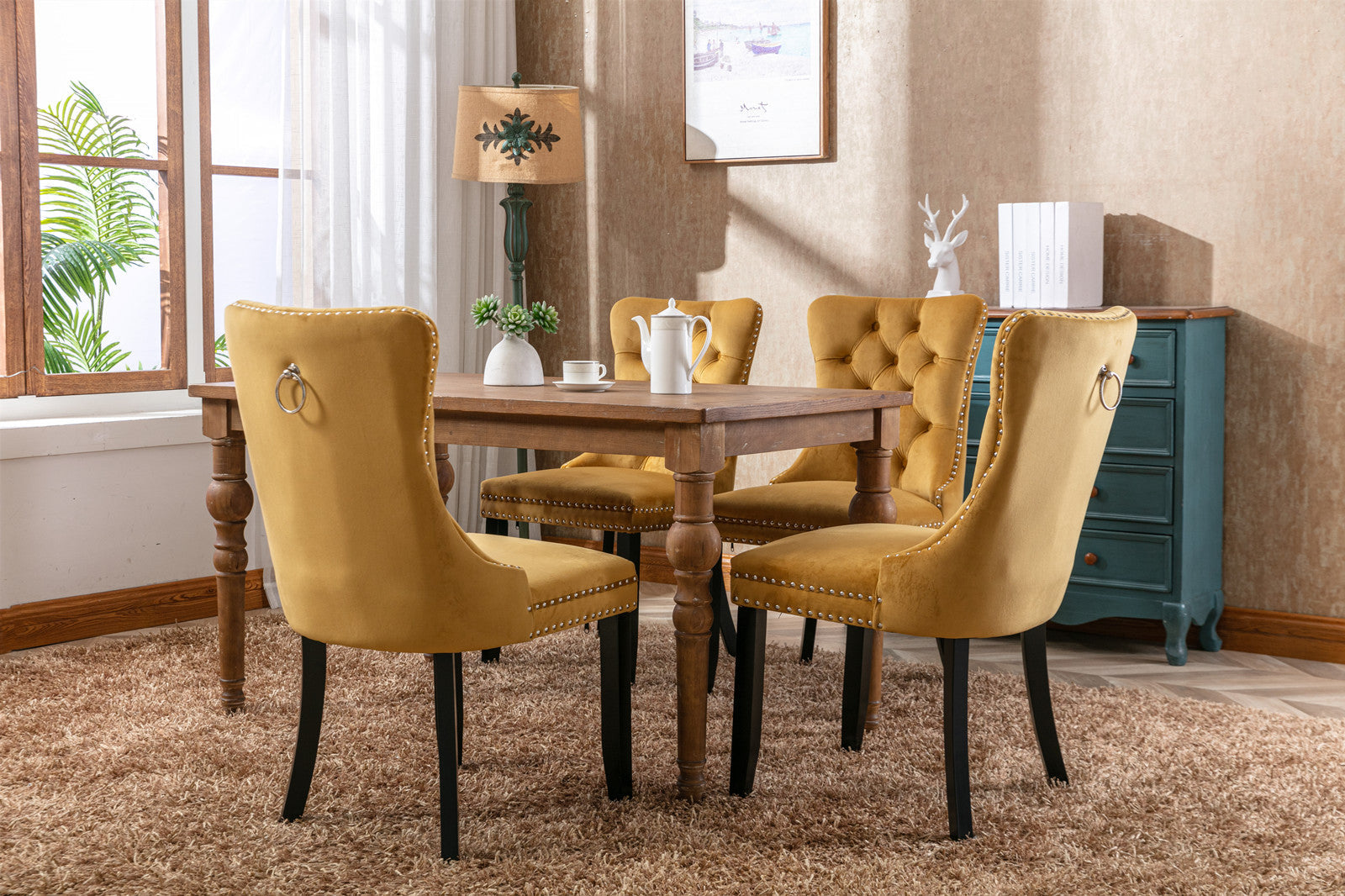 Rosewick Modern Tufted Velvet Nailhead Trim Solid Wood Upholstered Dining Chair with Wood Legs, Set of 2