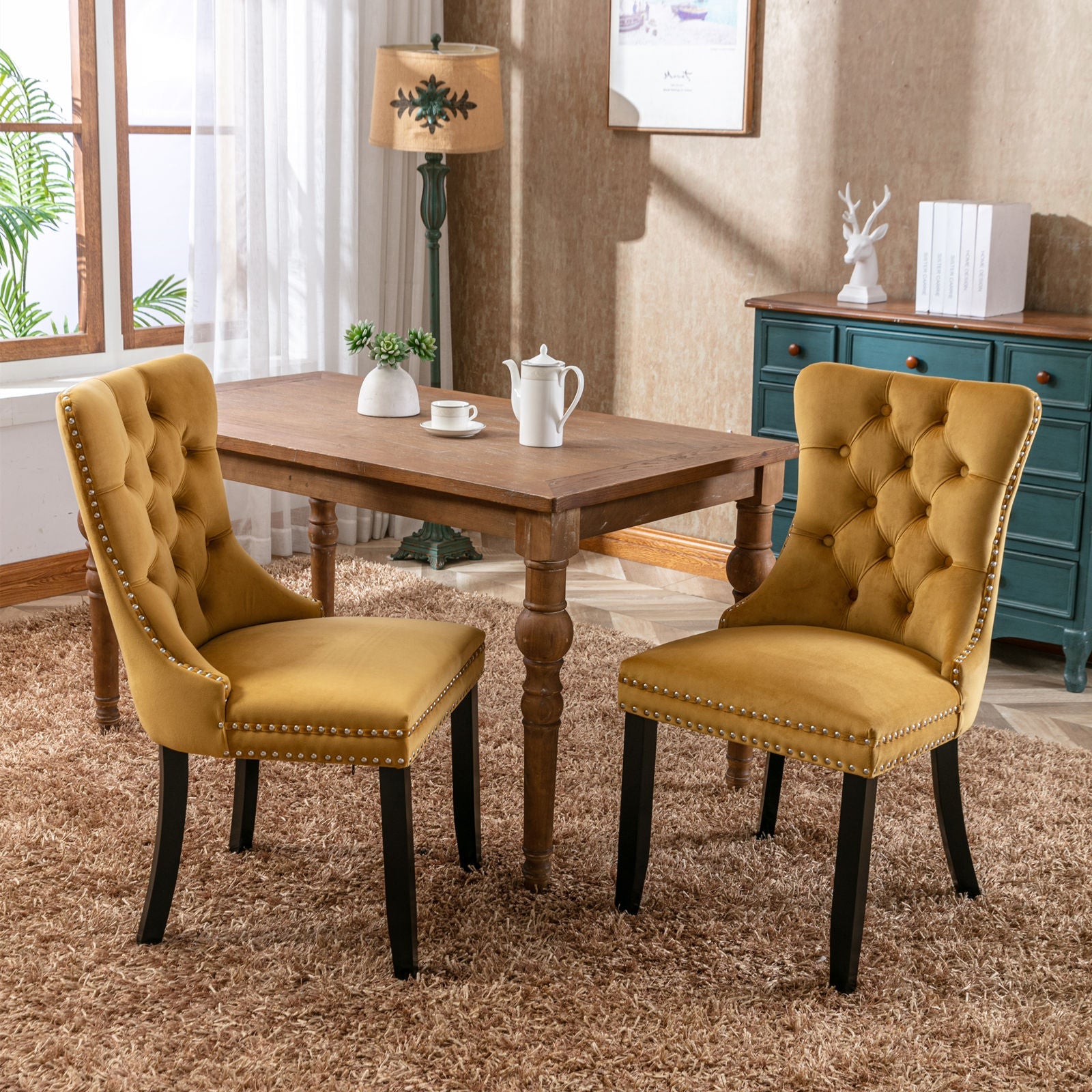 Rosewick Modern Tufted Velvet Nailhead Trim Solid Wood Upholstered Dining Chair with Wood Legs, Set of 2