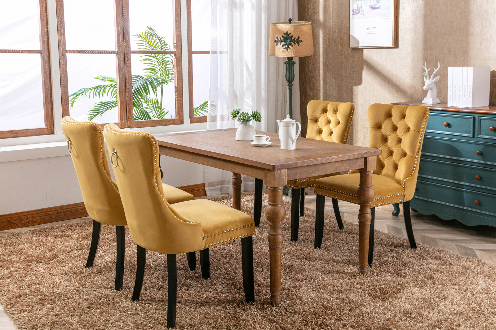 Rosewick Modern Tufted Velvet Nailhead Trim Solid Wood Upholstered Dining Chair with Wood Legs, Set of 2