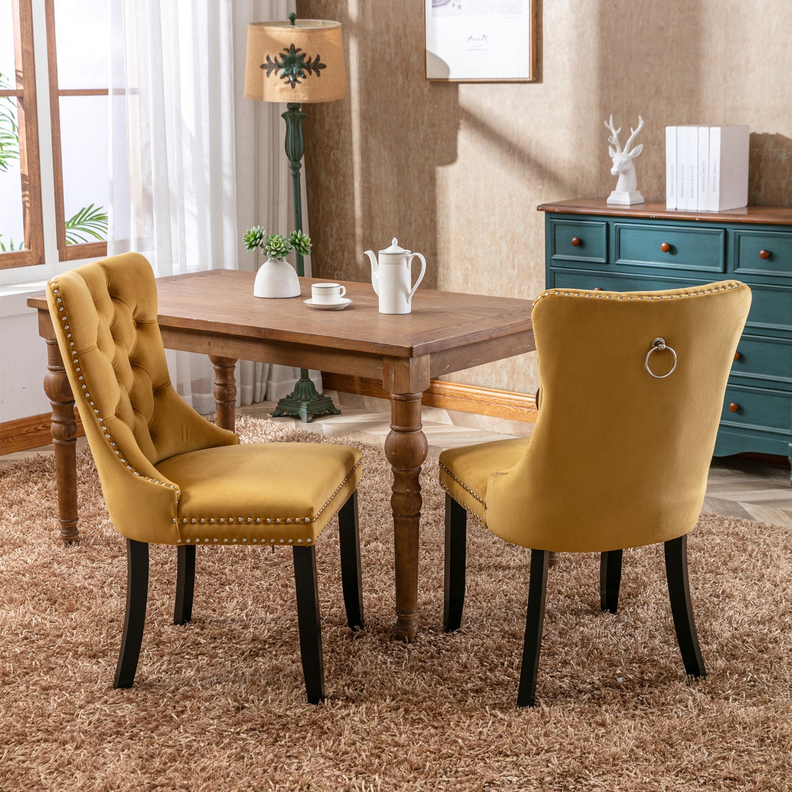 Rosewick Modern Tufted Velvet Nailhead Trim Solid Wood Upholstered Dining Chair with Wood Legs, Set of 2