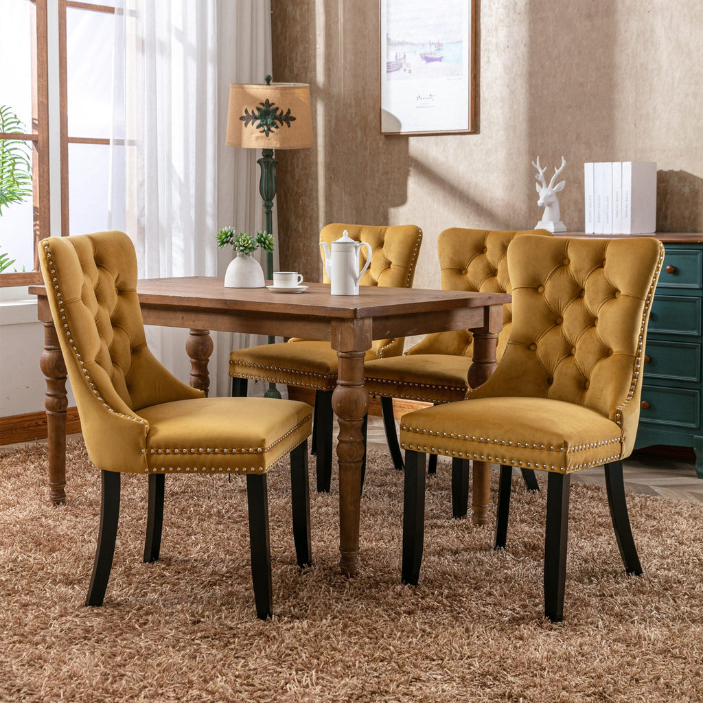 Rosewick Modern Tufted Velvet Nailhead Trim Solid Wood Upholstered Dining Chair with Wood Legs, Set of 2