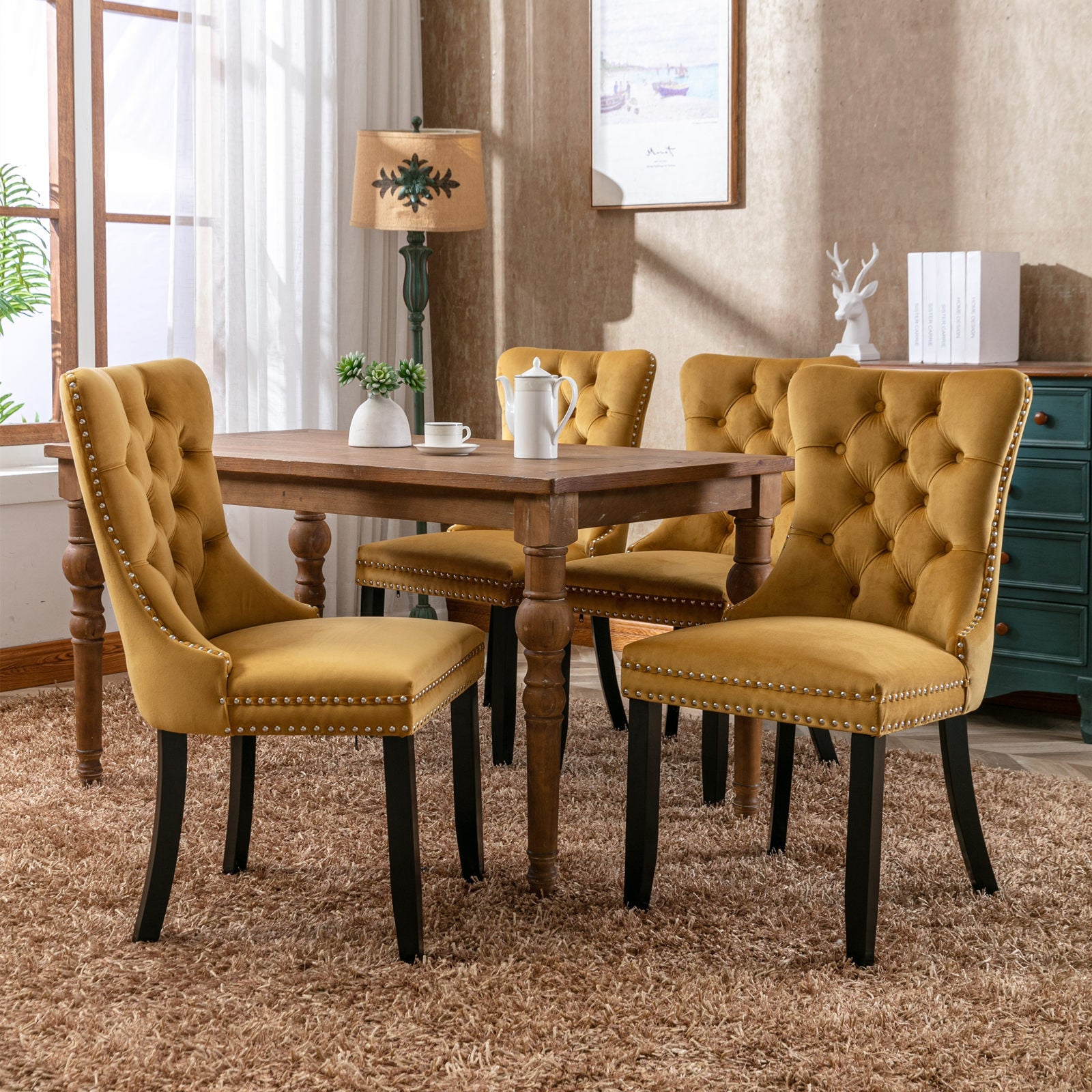 Rosewick Modern Tufted Velvet Nailhead Trim Solid Wood Upholstered Dining Chair with Wood Legs, Set of 2