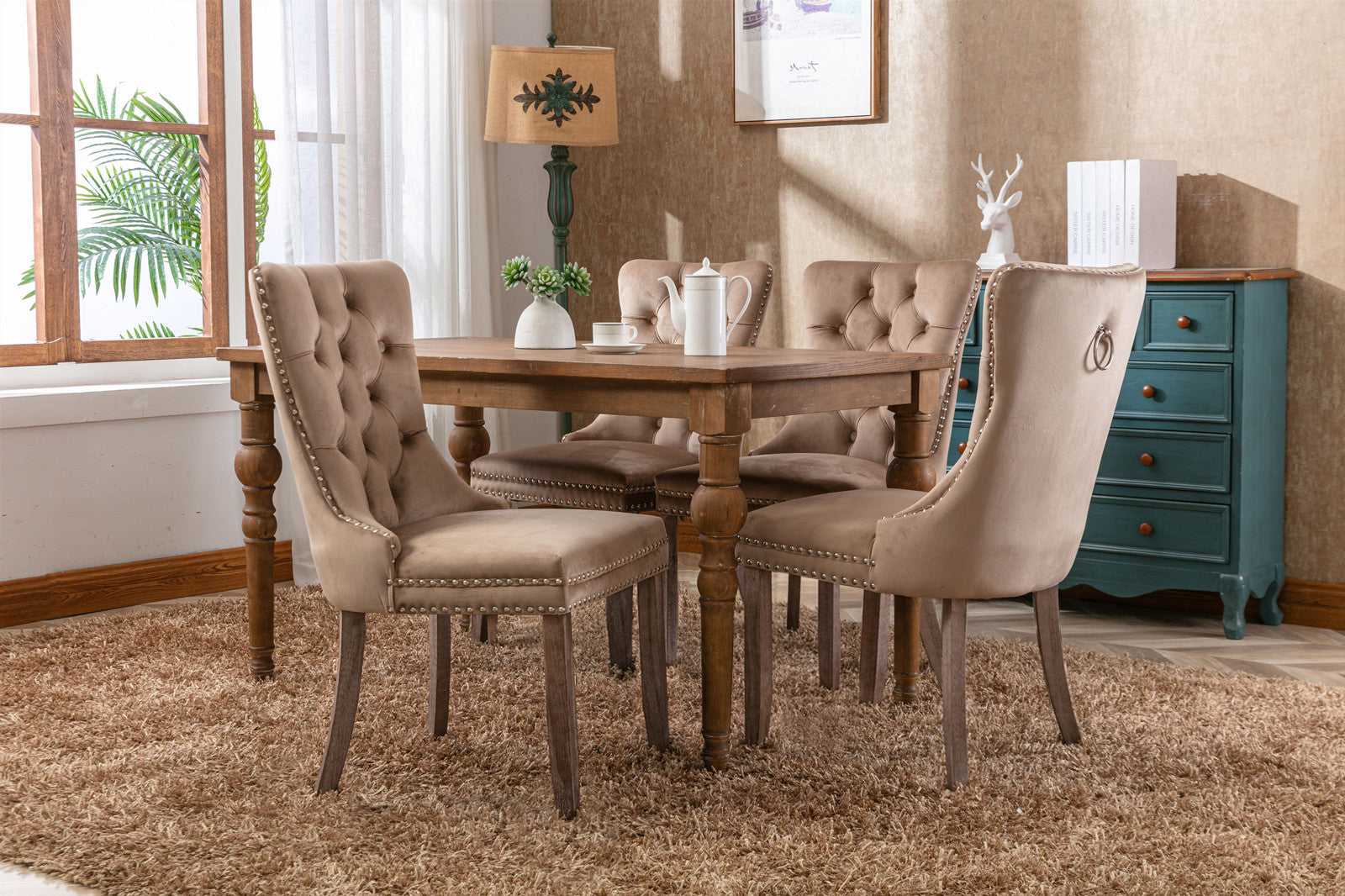 Rosewick Modern Tufted Velvet Nailhead Trim Solid Wood Upholstered Dining Chair with Wood Legs, Set of 2